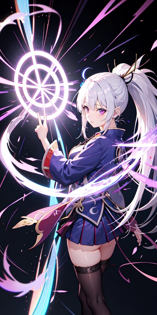 1girl, japanese clothes, ponytail ,white hair, purple eyes, magic circle, blue fire, blue flames, wallpaper, landscape, blood, blood splatter, depth of field, night, light particles, light rays, sidelighting, thighs, fate \(series\), genshin impact, ****, open jacket, skirt, thighhighs, cloud