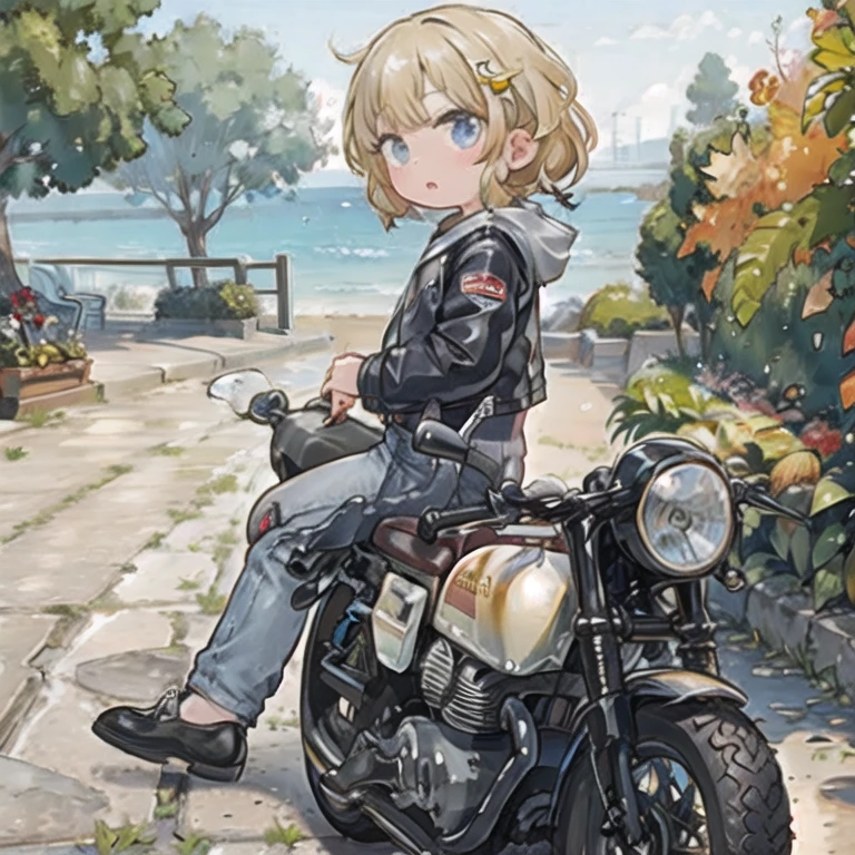 (masterpiece, Best Quality:1.2), A young girl rides a motorcycle, Alone, 