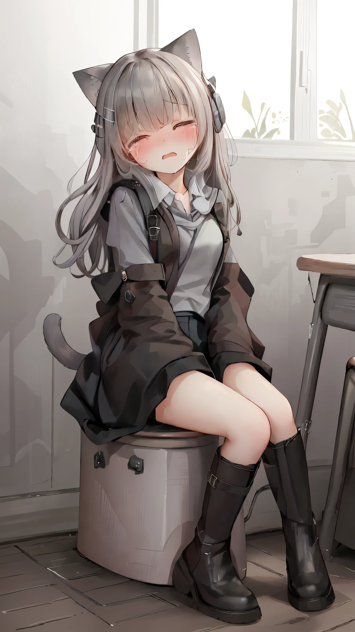 ，Shy，blush，，  black boots ，classroom场景，For the audience，，，blush害羞，classroom scene，girl，，((absurd)), ((On the table)), ( best quality ), ( Lens Flare), (  super detailed ), (Fair), ((cute girl)), solitary, Fair face, White skin, On the table, (: 1.3), , 、A girl goes to the toilet、 eternal, cry,  Close Your Eyes ,  tears streaming out of her eyes , The embarrassment comes from, blush), (girl is peeing: 1.2),, Look away, sit, Awkward, blush, Mouth slightly open, classroom (girl leaking urine): 1.5),cat girl，cat，Tail