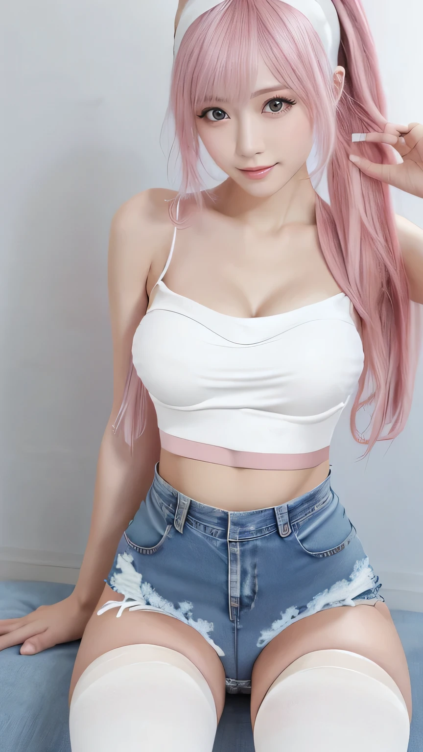 Non-NSFW、Real、Best Quality、Best Quality、masterpiece、 super high definition、, Above the knee photo、Real、Bright lighting、 face light 、 Smooth Professional Lighting 、 camera carrying the Matchlock gun、Alone、 adult woman、Beautiful woman、Super Beauty、Realな肌、Moisturized Skin、Realな目と顔、 perfect model figure、 beautiful eyes、Big Eyes、Inconspicuous tear bags、slim、No bra、Beautiful fingers、 very long hair、 Beautiful and Saturated Photo by Emily Soto, (Cute Japanese Idol Woman ), clavicle, (Mature:1.3), Best Quality, Humidity,  charming,skinny, smile,  no _panties, (Large Breasts:1.2), (masterpiece),(Best Quality),(smile), ((photoRealistic)), One Girl, (Pink dyed hair:1.2), ( waist-length hair :1.5), Big Ass, Gray background, lips, Realistic, Königsreuter, ( White Crop Tube Top :1.6), ( Denim Bikini Pants and Thigh High Socks :1.5), (Several sexy poses:1.3)