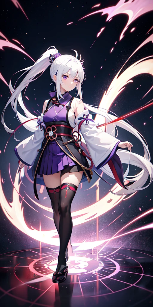 1girl, japanese clothes, ponytail ,white hair, purple eyes, magic circle, blue fire, blue flames, wallpaper, landscape, blood, blood splatter, depth of field, night, light particles, light rays, sidelighting, thighs, fate \(series\), genshin impact, ****, open jacket, skirt, thighhighs, cloud