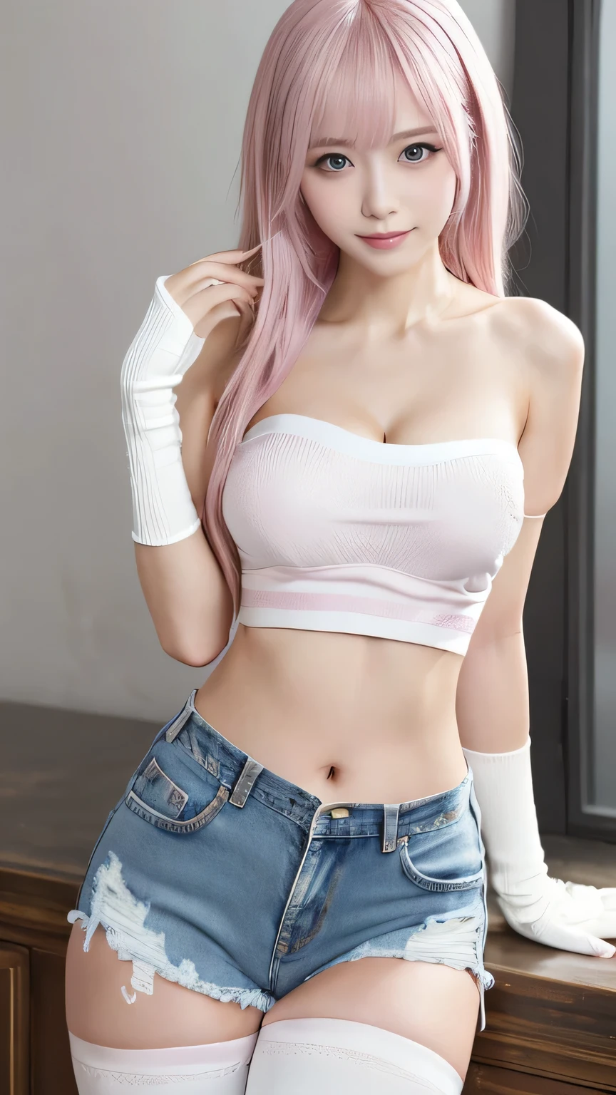 Non-NSFW、Real、Best Quality、Best Quality、masterpiece、 super high definition、, Above the knee photo、Real、Bright lighting、 face light 、 Smooth Professional Lighting 、 camera carrying the Matchlock gun、Alone、 adult woman、Beautiful woman、Super Beauty、Realな肌、Moisturized Skin、Realな目と顔、 perfect model figure、 beautiful eyes、Big Eyes、Inconspicuous tear bags、slim、No bra、Beautiful fingers、 very long hair、 Beautiful and Saturated Photo by Emily Soto, (Cute Japanese Idol Woman ), clavicle, (Mature:1.3), Best Quality, Humidity,  charming,skinny, smile,  no _panties, (Large Breasts:1.2), (masterpiece),(Best Quality),(smile), ((photoRealistic)), One Girl, (Pink dyed hair:1.2), ( waist-length hair :1.5), Big Ass, Gray background, lips, Realistic, Königsreuter, ( White Crop Tube Top :1.6), ( Denim Bikini Pants and Thigh High Socks :1.5), (Several sexy poses:1.3)