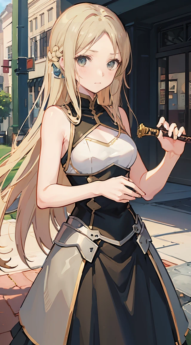 (Masterpiece: 1.2, Best Quality), 1 girl, blonde hair, long hair,  green eyes. Wear sword art online costume 