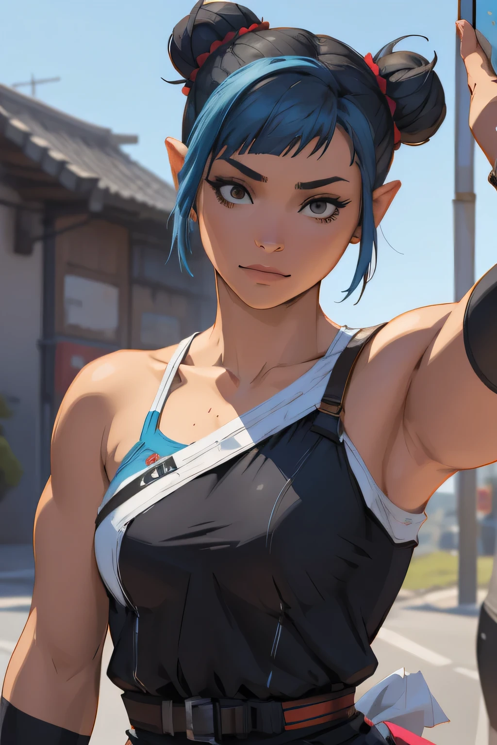 there is a woman with blue hair taking a selfie, short blue hair, with blue hair, blue short hair, short blue hair!!!, messy blue hair, halfbody headshot, blue hairs, blue hair, short blue haired woman, chloe price, sky blue highlights in hair, cyberpunk dyed haircut, flowing blue hair, brown hair with light blue ends, blue and black, LAUFEN, SHORT HAIR, DOUBLE BUN, BLUNT BANGS, Laofen, brown hair, double bun, brown eyes, hair_ornament