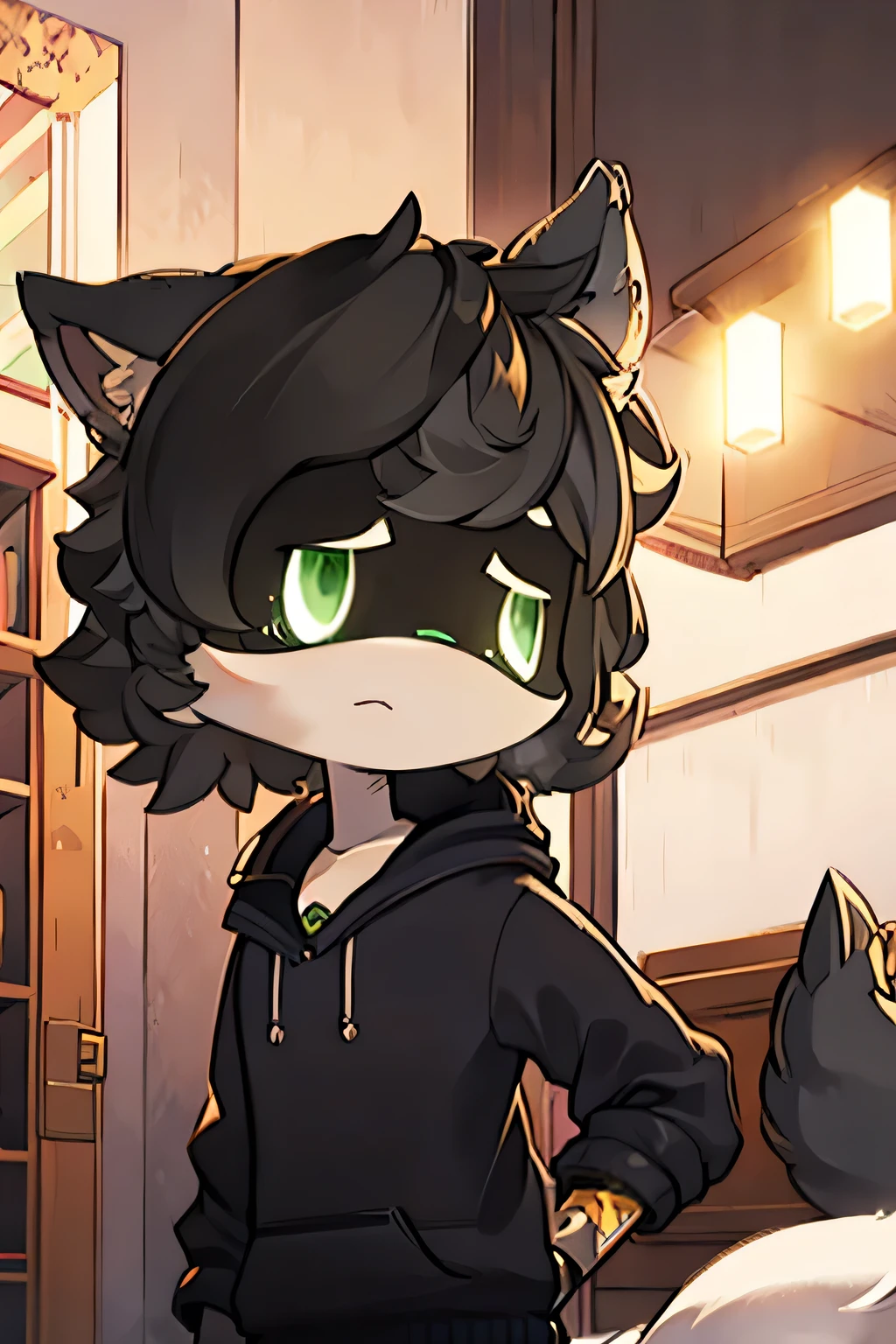 male, medium length hair, best quality, green eyes, extremely detailed, black hair, hoodie, no hat, fluffy hair, messy hair, in room, wolf ears, wolf tail, close up