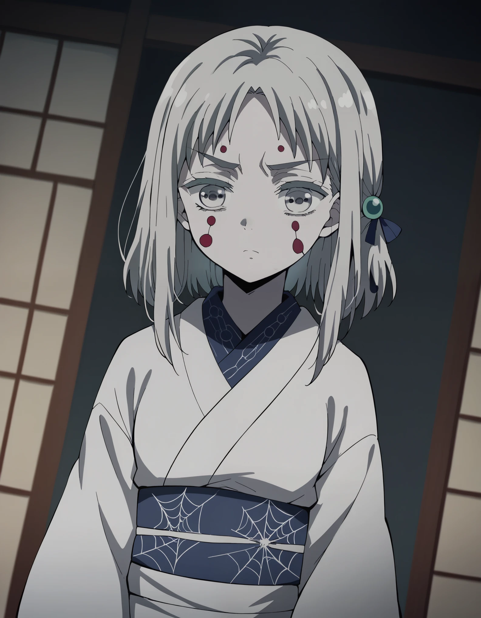  score_9,  score_8_up,  score_7_up, sauce_Anime,姉のSpider Demon, Spider Demon, Bob Hair,  Hair Ornament , Bob Hair, Gray Hair, Grey Eyes,  facial mark,  thick eyebrows,  pure white and pale skin, long sleeve,  clevis,  JEWELRY, kimono, sash, heart,indoor, bed, bed room, Aside,Alone,  watching viewers ,  cowboy shot,  Dutch angle,Suzune Horikita