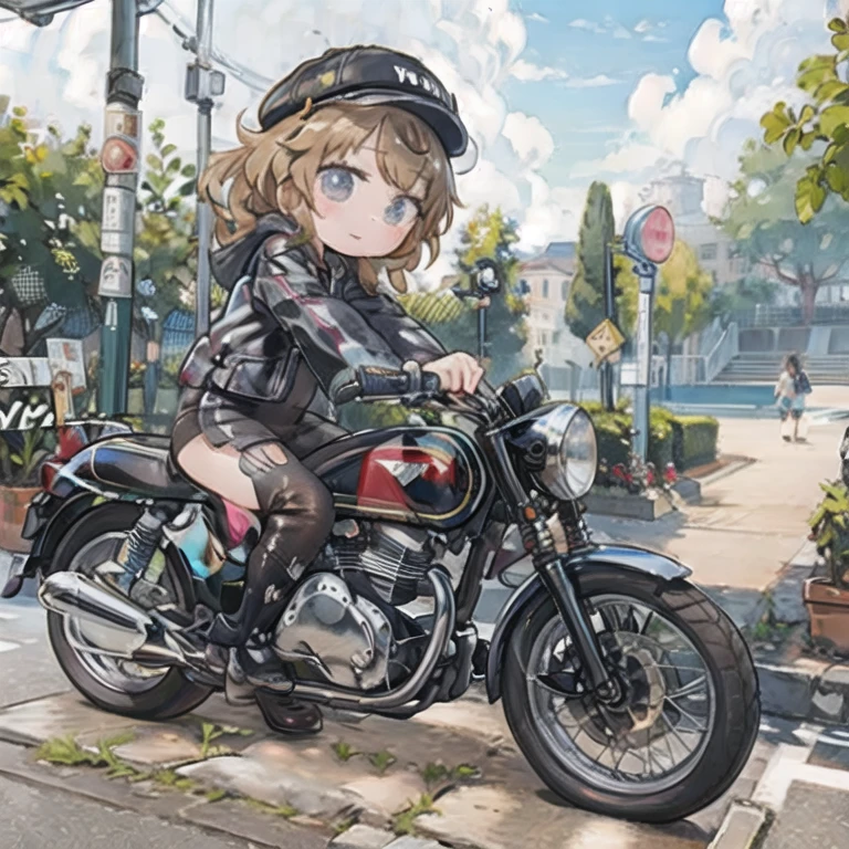 (masterpiece, Best Quality:1.2), A young girl rides a motorcycle, Alone,