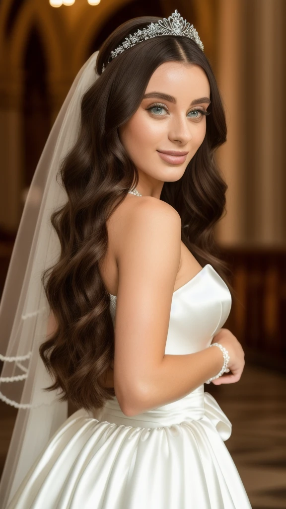 portrait photo of LanaRhoades beautiful woman, makeup, wearing a white satin ballgown wedding dress, opera gloves, veil, tiara, bow belt, holding bouquet, walking down the aisle in a grand cathedral, realistic, HD, 4k, crisp resolution,  masterpiece, best quality, ultra-detailed, ultra high res, (photorealistic:1.4), raw photo, (realistic:0.2), CG, {4k|8k} HDR, perfect lighting, 1girl, solo, looking at viewer,  (detailed background :1.1), 
Necklace, Sweet Smile, (masterpiece) (best quality) (detailed) (8k) (HDR) (wallpaper) (cinematic lighting) (sharp focus) (intricate) Long Hair, 