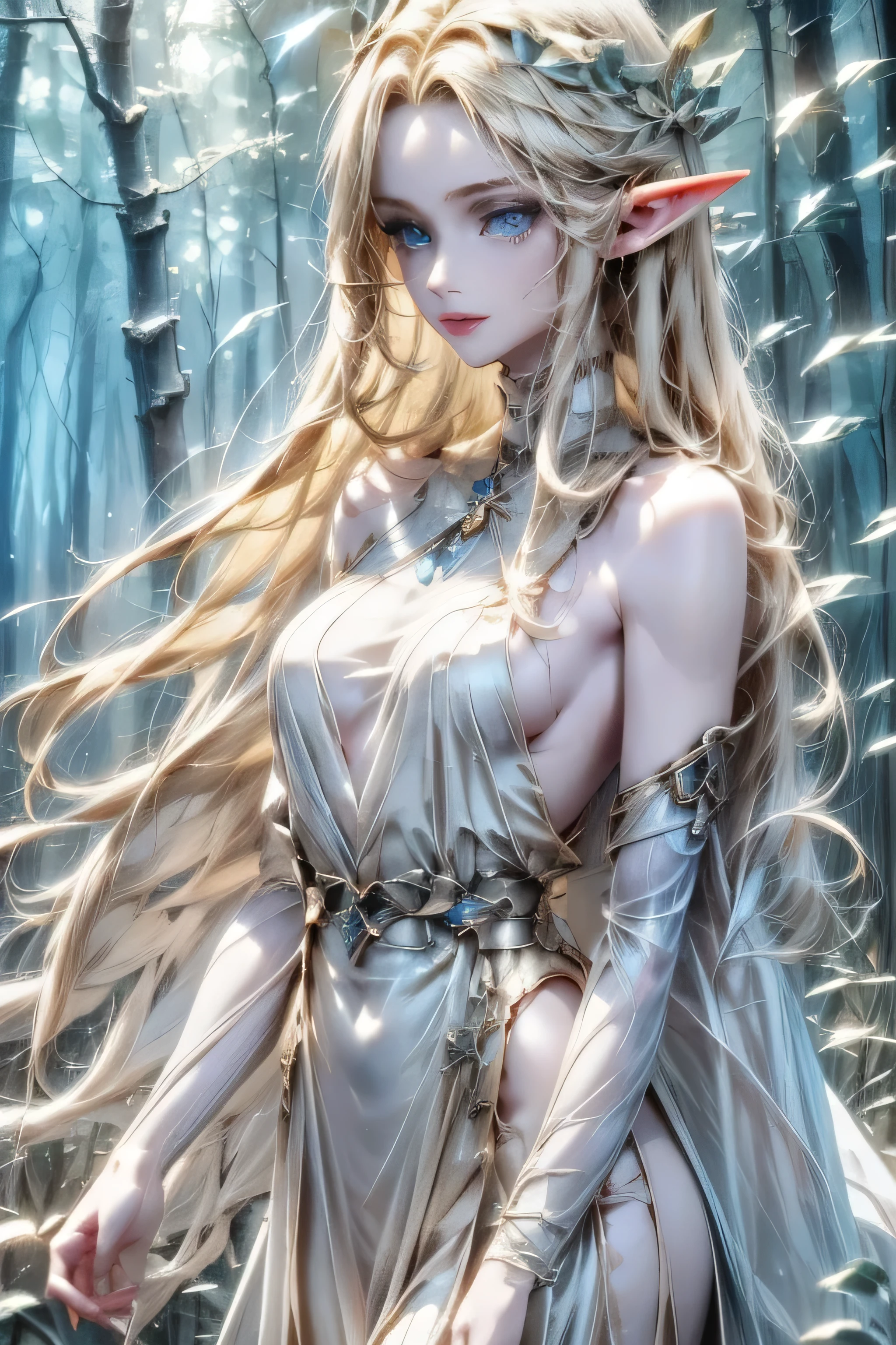 Detailed, Beautiful, 4k, Best Quality, Long Golden Blonde hair, Blue eyes, , Otherworldly Beautiful, Pointed Ears , Longhaired , Female focus, Elf Clothes, forest of magic, Detailed face, Detailed Body,