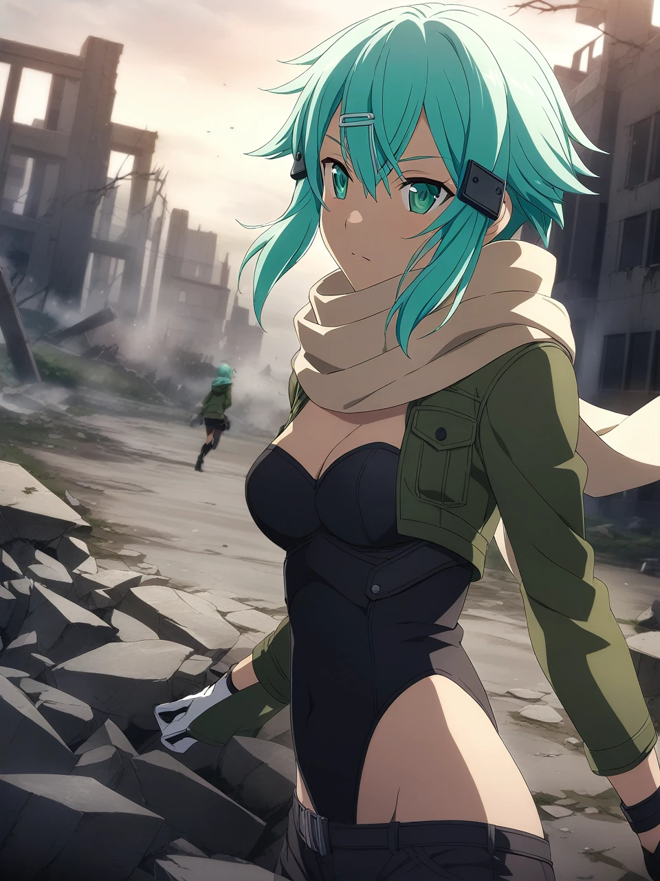 Shinongo , Aqua Eye,  short hair,  aqua hair ,  side lock,  hair, Hair Clip,  Hair Ornament , Green jacket,  leotard, scarf,  Black Shorts , Gloves,  long sleeve, medium breasts,  1 Girl, solo
BREAK
Urban Battlefield , Ruins, Night Sky,  depth of field ,  like a movie, Game CG,   anime screen cap, Official Art, masterpiece, Best Quality
