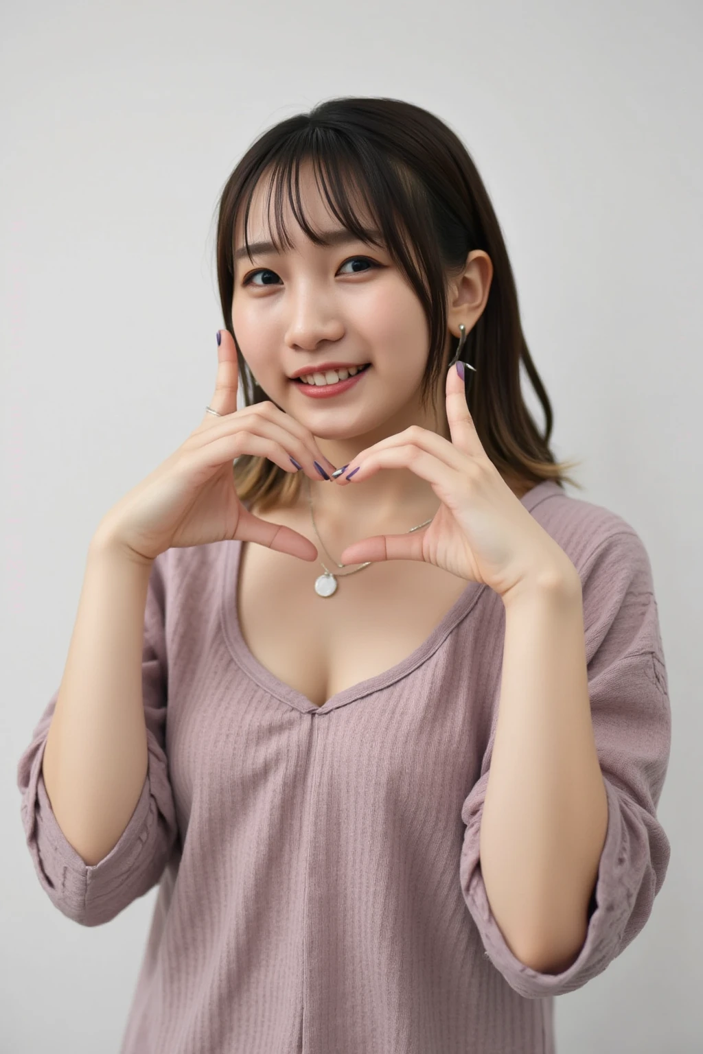 She is in a pose wearing a sexy camisole, making a firm big heart shape with both hands, and holding it in front of her chest, Cute smile up

