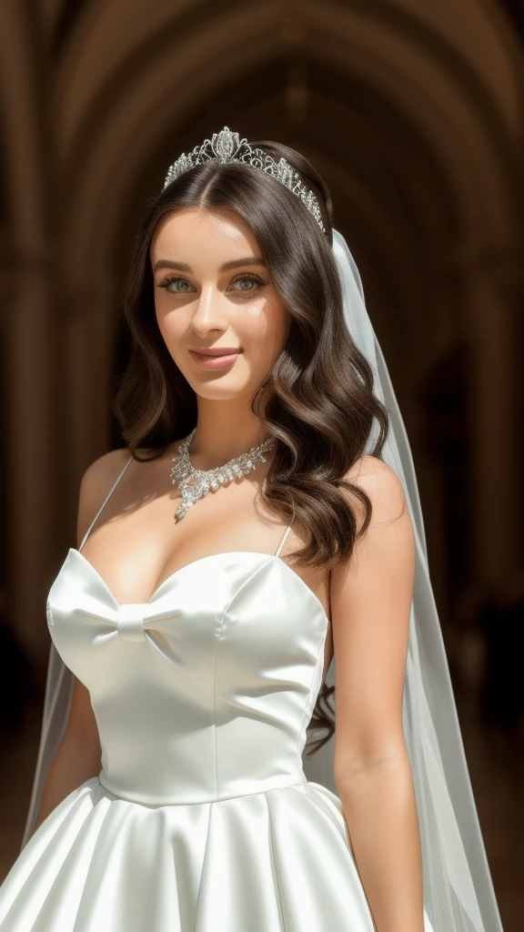 portrait photo of LanaRhoades beautiful woman, makeup, wearing a white satin ballgown wedding dress, opera gloves, veil, tiara, bow belt, holding bouquet, walking down the aisle in a grand cathedral, realistic, HD, 4k, crisp resolution,  masterpiece, best quality, ultra-detailed, ultra high res, (photorealistic:1.4), raw photo, (realistic:0.2), CG, {4k|8k} HDR, perfect lighting, 1girl, solo, looking at viewer,  (detailed background :1.1), 
Necklace, Sweet Smile, (masterpiece) (best quality) (detailed) (8k) (HDR) (wallpaper) (cinematic lighting) (sharp focus) (intricate) Long Hair, 