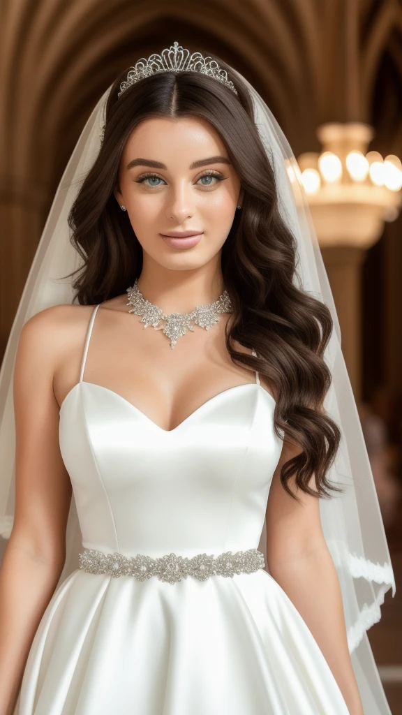 portrait photo of LanaRhoades beautiful woman, makeup, wearing a white satin ballgown wedding dress, opera gloves, veil, tiara, bow belt, holding bouquet, walking down the aisle in a grand cathedral, realistic, HD, 4k, crisp resolution,  masterpiece, best quality, ultra-detailed, ultra high res, (photorealistic:1.4), raw photo, (realistic:0.2), CG, {4k|8k} HDR, perfect lighting, 1girl, solo, looking at viewer,  (detailed background :1.1), 
Necklace, Sweet Smile, (masterpiece) (best quality) (detailed) (8k) (HDR) (wallpaper) (cinematic lighting) (sharp focus) (intricate) Long Hair, 