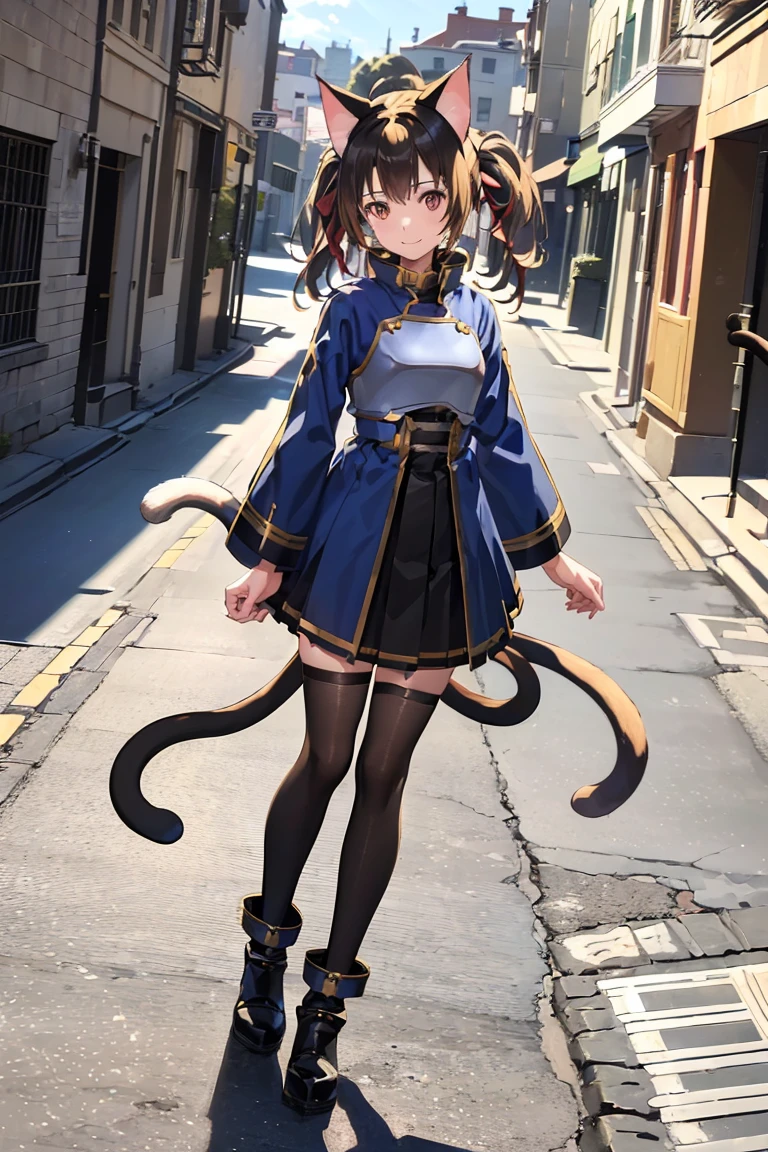 (((best quality,4k,full body))),1girl,(((cat ears,cat tail))),standing,blue armored dress,black skirt,black kneehighs,blue ankle boots,blonde hair,short hair,red hair ribbon,short twintails,hair between eyes,light smile,street