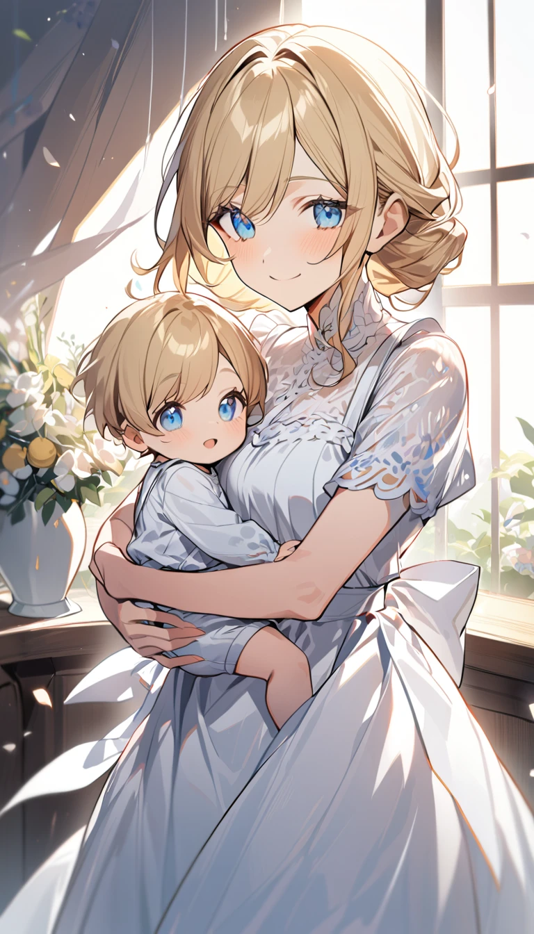 Violet Evergarden，(((light blue greek dress)))，((((Huge cleavage))))，(((Blonde hair)))，(((blue color eyes)))，((((light  smile))))，((((Holding 1 male baby))))，(((sit on a bed))),