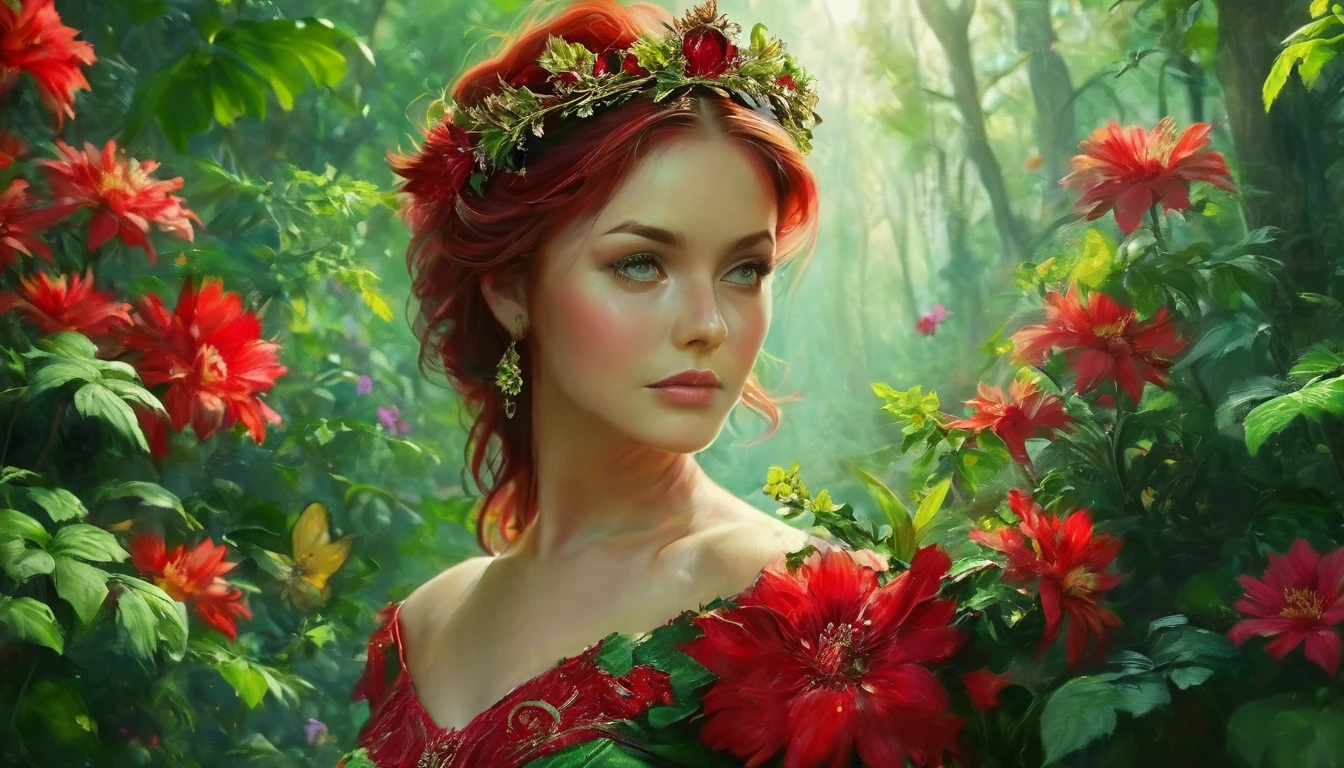 The image portrays a woman with striking red hair, adorned with a crown of vibrant red flowers and lush green leaves. Her eyes, a captivating shade of green, seem to sparkle with a hint of mischief. She is dressed in a green top that complements the floral crown, adding to the overall harmony of the scene. The background is a lush tapestry of greenery, with various plants and flowers that blend seamlessly with her attire and the floral crown. The image exudes a sense of tranquility and natural beauty, as if the woman is a living embodiment of the forest's enchantment.