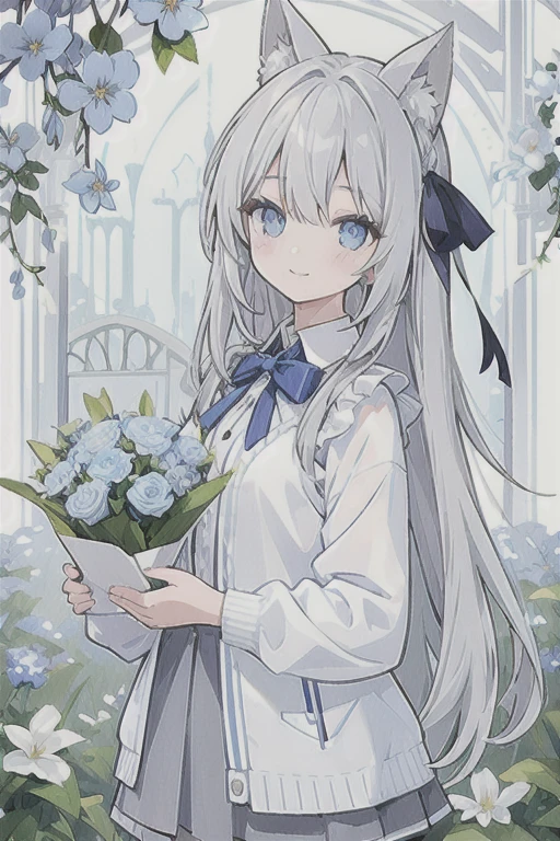 Gray hair、Very long hair · side tail on the right side · eyes of a different color 、Left eye is light blue、Right eye is gray, small breasts, white blouse, pale light blue cardigan, gray skirt, large gray ribbon attached to collar · single girl · quiet · smiling · light blue flower field · holding light blue flowers · top quality