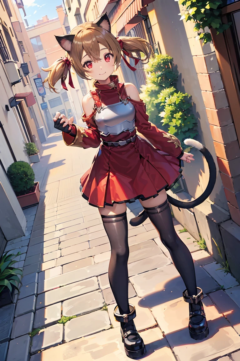 (((best quality,4k,full body))),1girl,(((cat ears,cat tail))),standing,red armored dress,black skirt,black kneehighs,black ankle boots,blonde hair,short hair,red hair ribbon,short twintails,hair between eyes,light smile,street