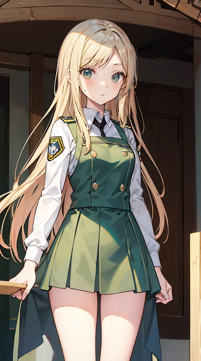 (Masterpiece: 1.2, Best Quality), 1 girl, blonde hair, long hair,  green eyes. Wear uniform 