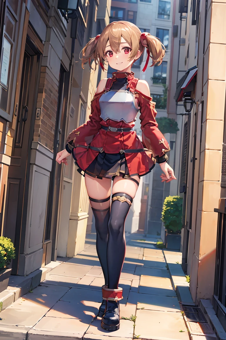 (((best quality,4k,full body))),1girl,standing,red armored dress,bare shoulder,black skirt,black kneehighs,black ankle boots,blonde hair,short hair,red hair ribbon,short twintails,hair between eyes,light smile,street