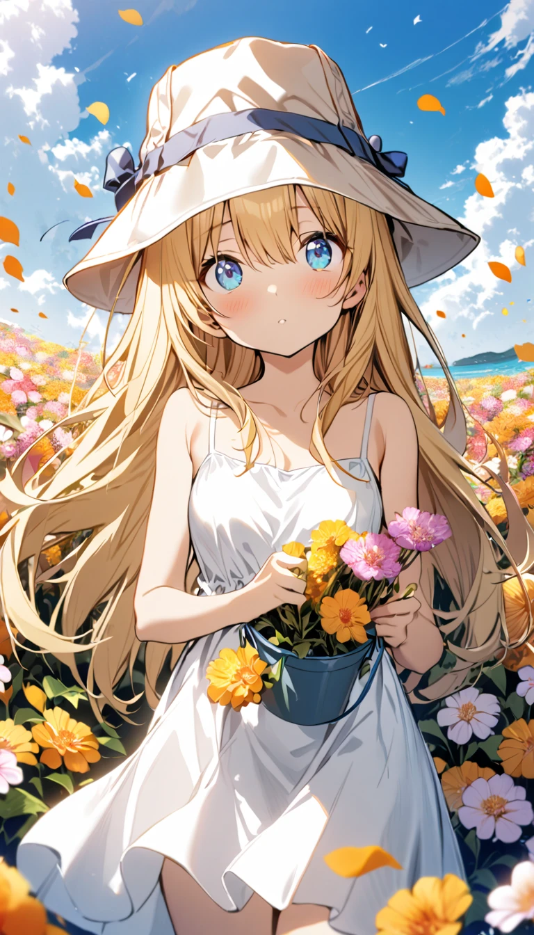  1 Girl，long golden hair，Blue-eyed，Bucket hat，White slip dress，Ribbon knot，Sea of Flowers