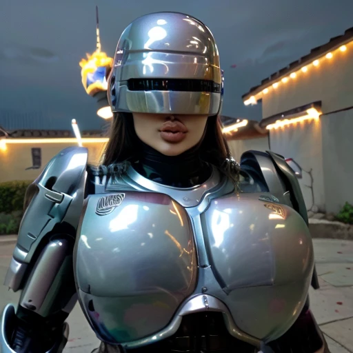 
( Best Quality ), (Overall view), Female Robocop,  Hua Gai with a cool and charming face ,RoboCop Armor  , Robocop helmet ,  beautiful and sexy young woman , 18 years old,  toned and muscular  , With a cool and handsome face  , SharpEye, Big Breasts