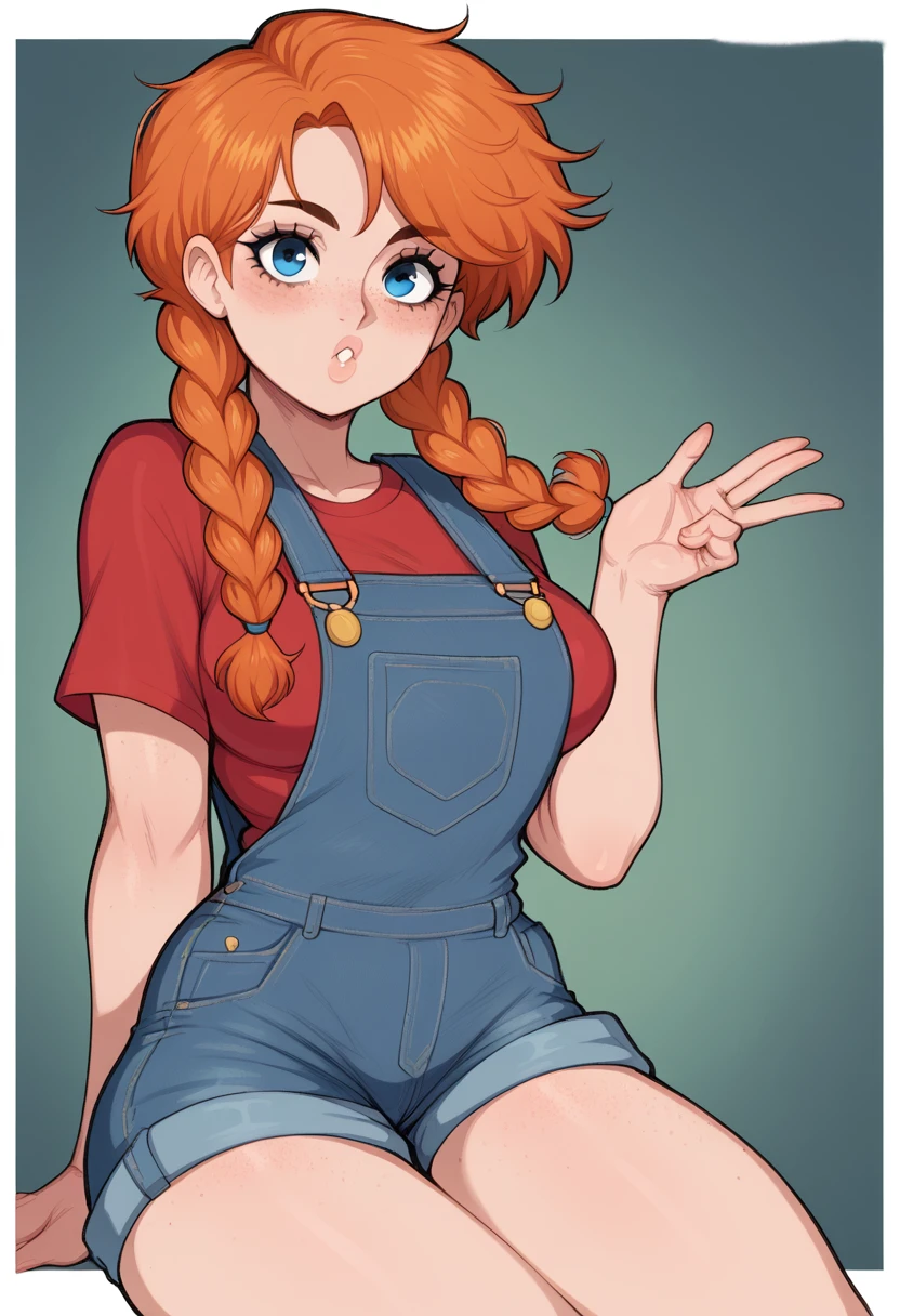 Sexy girl, curvy, Orange hair, two long braids hair, freckles on the face, freckles on breast, freckles on legs, Big freckles, very short hair, blue eyes, overalls, shorts, Open red shirt