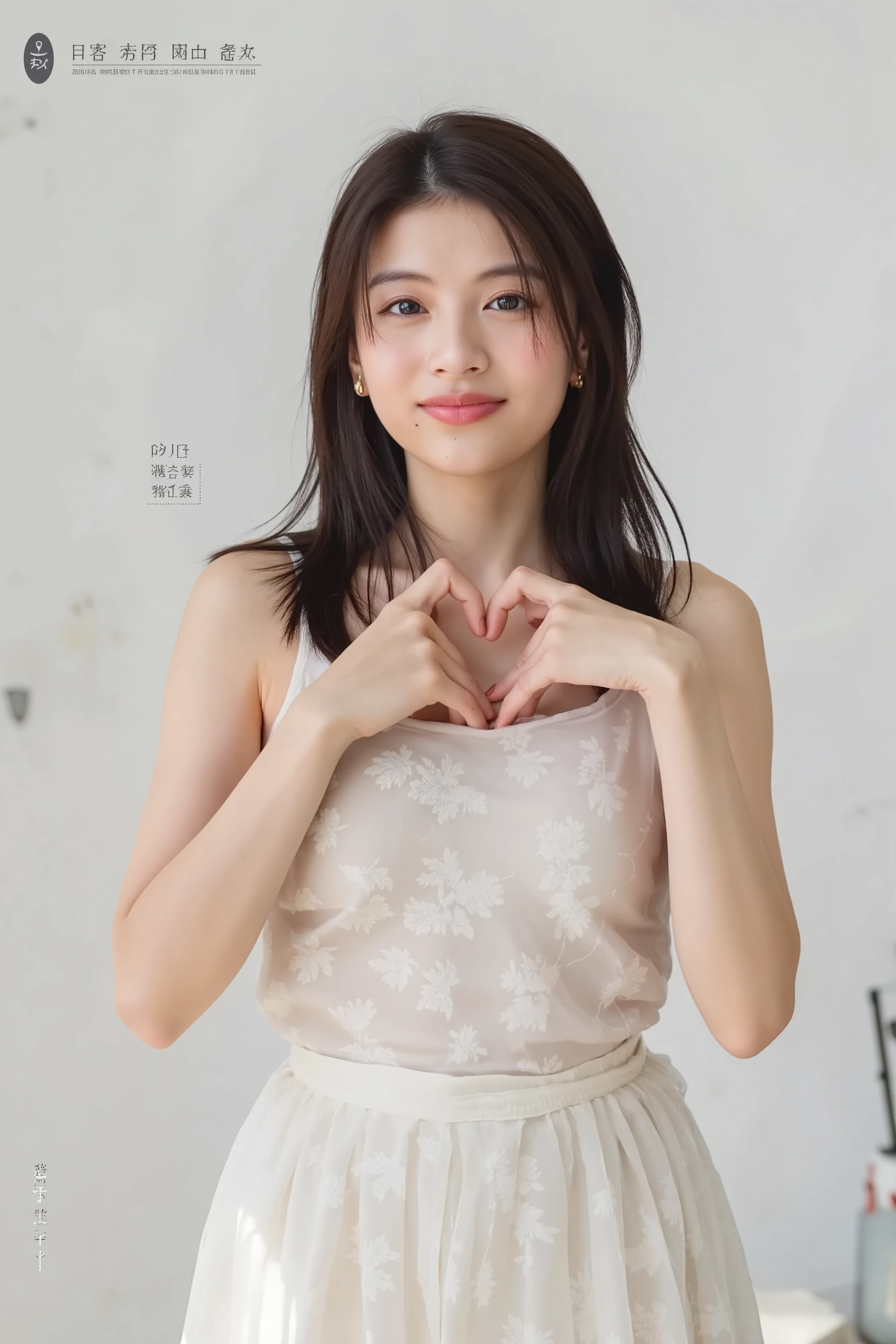 She is in a pose wearing a sexy camisole, making a firm big heart shape with both hands, and holding it in front of her chest, Cute smile up

