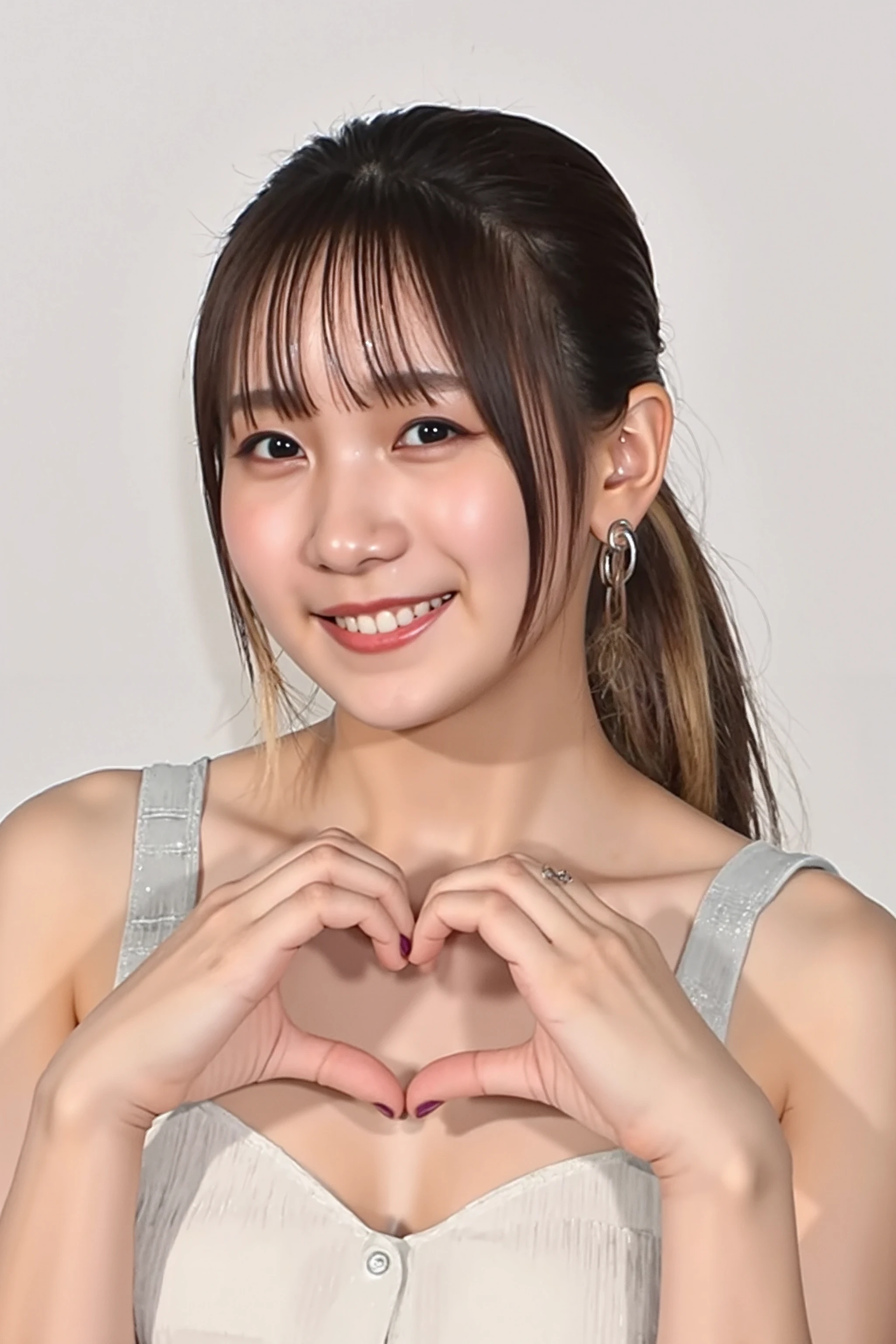 She is in a pose wearing a sexy camisole, making a firm big heart shape with both hands, and holding it in front of her chest, Cute smile up

