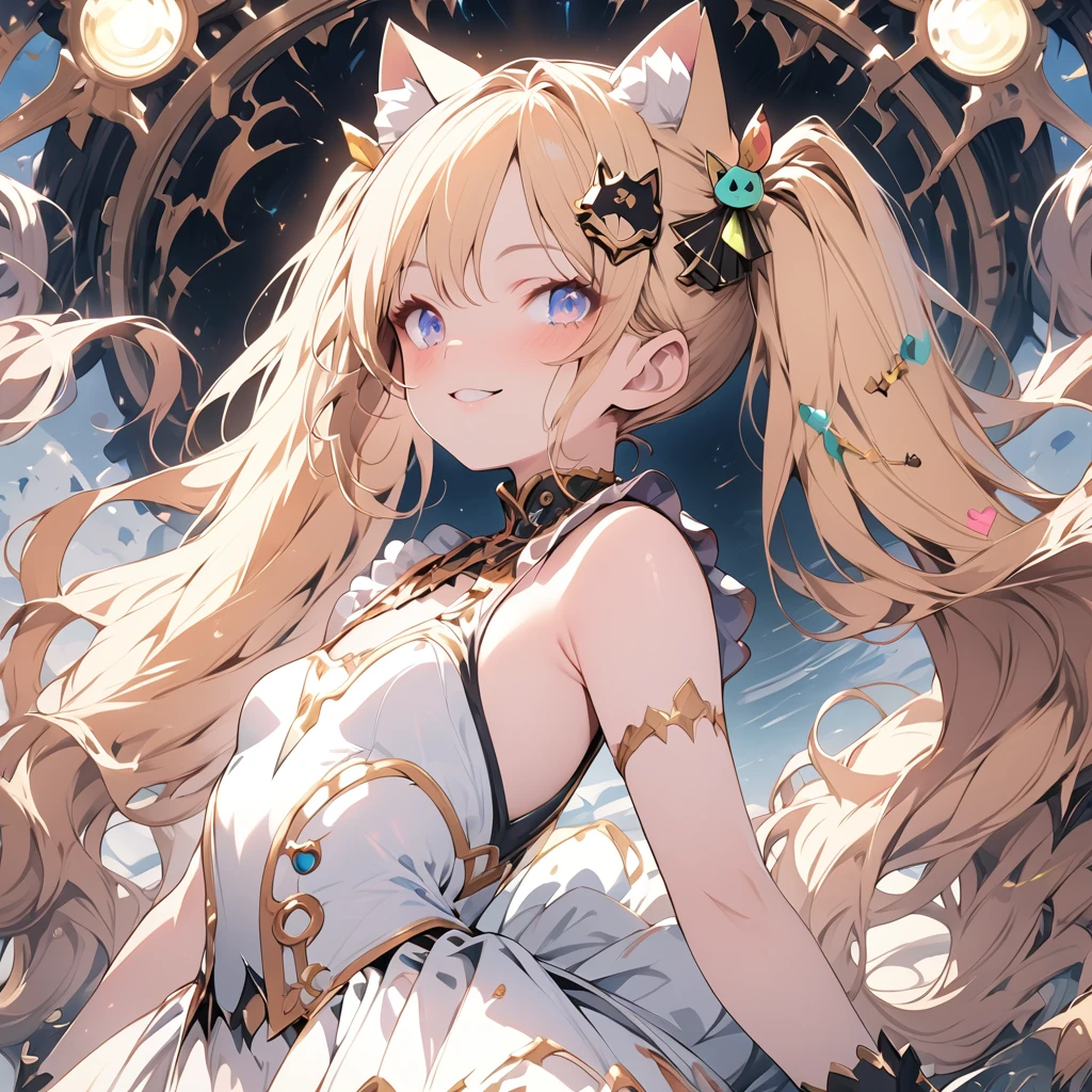 Absurd,anime,Detailed and beautiful eyes,(art),(artistic clothing:1.5),Cat costume,HEART,sleeveless,Blonde, twin tails,smile,(a girl:1.5),from the waist up,(small breasts:1.2),(small chest:1.2),mysterious,Hello,(Large detailed hair ornament:1.2),(look away:1.5),detailed clothes,Flashy Moves,Mechanical,masterpiece, moe kawaii,abyss,luster,lame,(ultra detailed:1.2), ((highest quality)) ,Extremely Delicately Beautiful ,64k