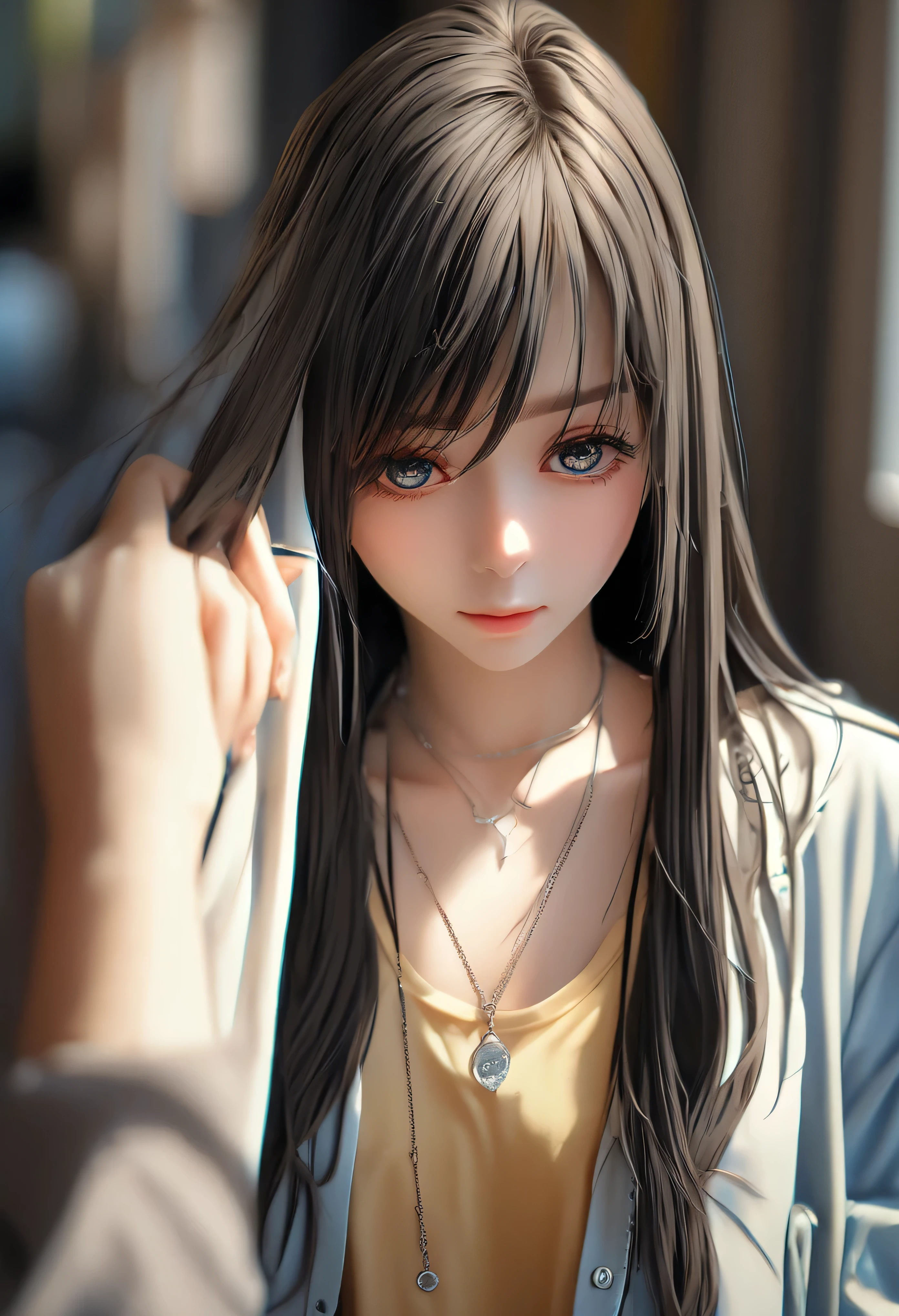 a close up of a woman with long hair and a necklace, cute natural anime face, realistic anime 3 d style, stunning anime face portrait, realistic young anime girl, hyper realistic anime, 3 d anime realistic, kawaii realistic portrait, photorealistic anime, beautiful anime face, anime girl in real life, realistic anime face, realistic anime, realistic - anime, beautiful anime girl