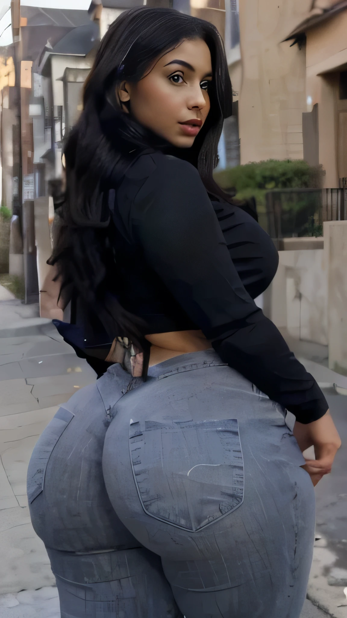 Realistic Giantess with large hips and thick thighs massive booty thick ass gorgeous face massive giantess in tiny city crushing tiny city beneath her bare feet and massive ass Gorgeous Latina giantess with long black hair sitting on tiny city with massive ass and very thick thighs sitting on tiny city crushing tiny city under her wearing black thong and tight black shirts no shoes bare feet smiling at viewer sitting on tiny buildings in tiny city crushing tiny city under her ass and feet