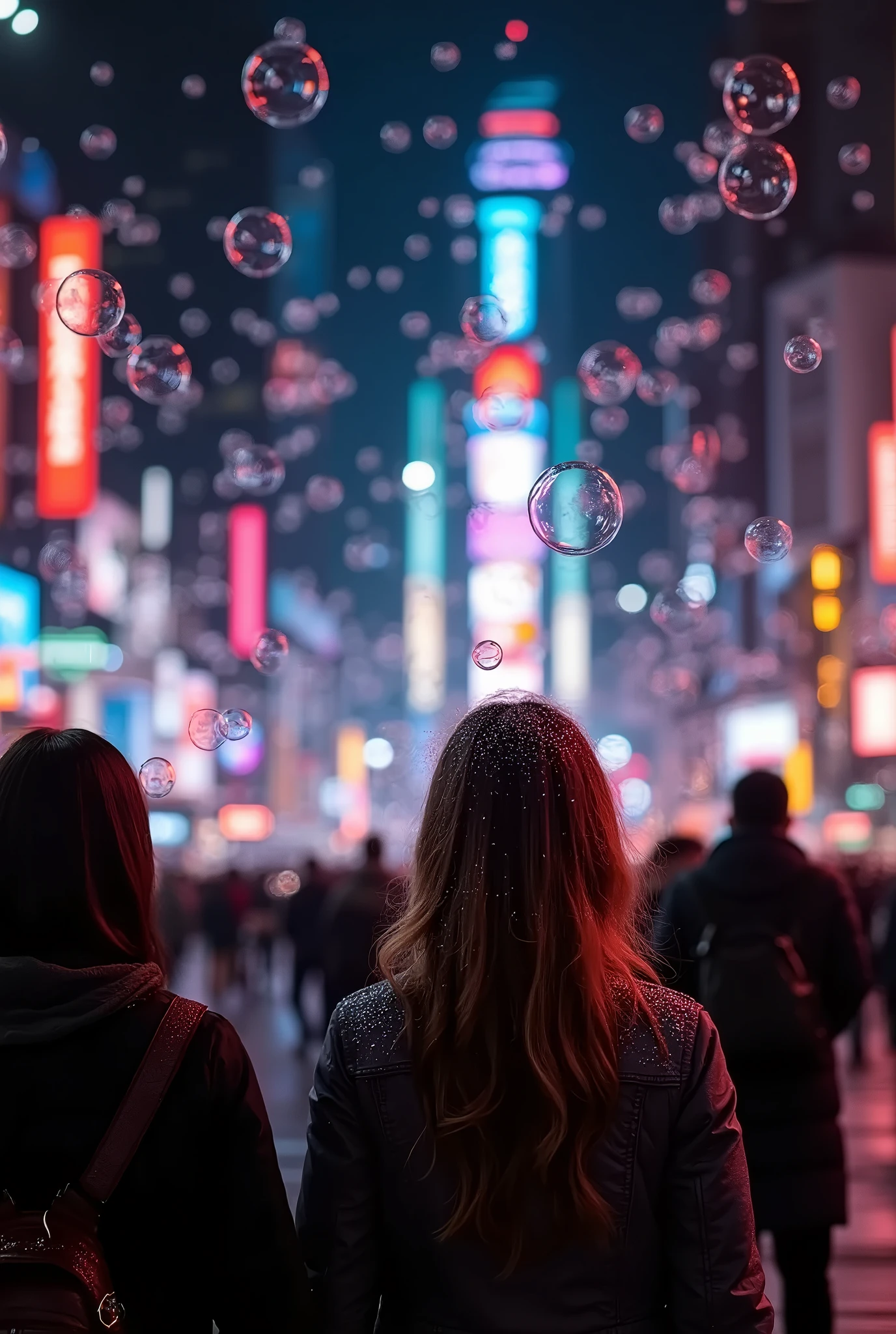  Big Bubbles Shining in Response to Neon Lights 、  People Looking Up at Skyscrapers 々Main Street  {x} Main Street covered with bubbles due to a breakdown in the building's fire extinguisher、  Passers-by Are Covered with Sparkling Bubbles  、 Passers-by Are Covered with Sparkling Bubbles  、  Women Wearing Bubbles 、 Main Street  、  Main Street with Neon Lights Shining  、  Streets of Buildings at Night and Main Street  、  Sparkling Bubbles and Streetscapes  、  Amazing Scenery Where the Accident Occurred  。