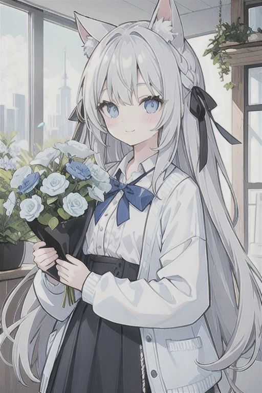 Gray hair、Very long hair · side tail on the right side · eyes of a different color 、Left eye is light blue、Right eye is gray, small breasts, white blouse, pale light blue cardigan, gray skirt, large gray ribbon attached to collar · single girl · quiet · smiling · light blue flower field · holding light blue flowers · top quality