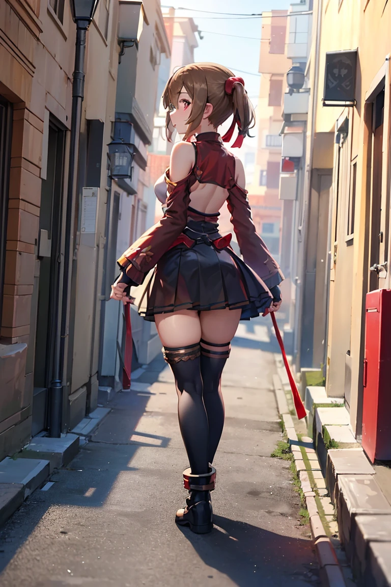 (((best quality,4k,from behind))),1girl,(((walking))),small breasts,red armored dress,bare shoulder,black skirt,black kneehighs,black ankle boots,hair bobbles,light brown hair,short twintails,hair between eyes,straight hair,(alley)