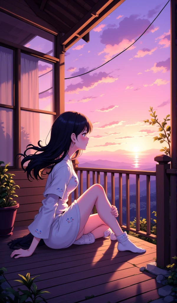  A beautiful young Japanese woman.
 black hair , far away, fluttering. 
honey-colored eyes, expressive, deep,  Cintilante, obfuscating.
 She is wearing a white dress with a cat print and white socks .
Ela esta sentada na varanda de sua casa admirando o por do sol  Cintilante, obfuscating, lilac and orange gradient . 
 The leaves of the trees fall in the wind breeze .
A magical scene