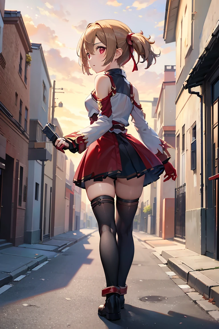 (((best quality,4k,from behind))),1girl,(((walking))),small breasts,red armored dress,bare shoulder,black skirt,black kneehighs,black ankle boots,blonde hair,short hair,red hair ribbon,short twintails,hair between eyes,street