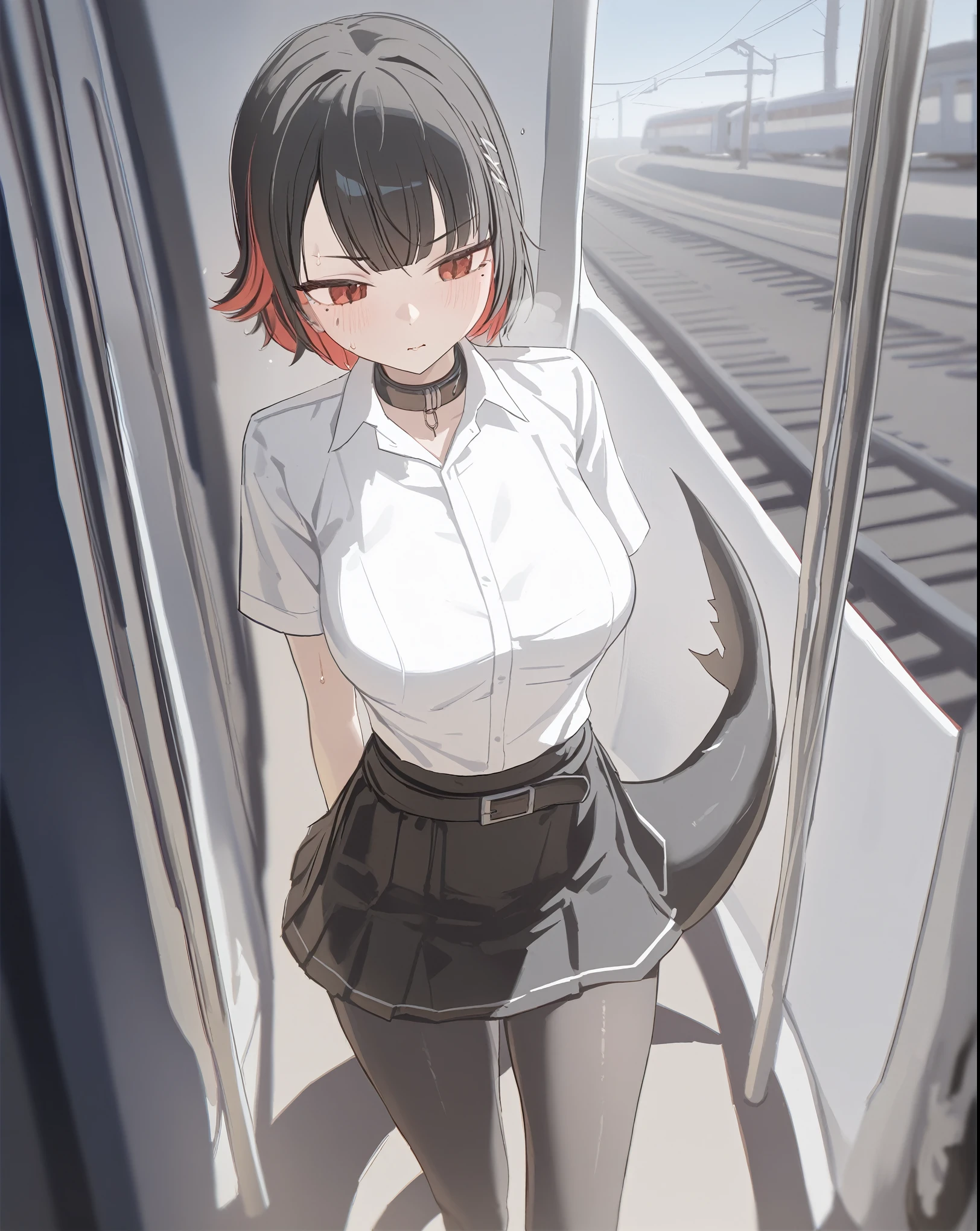 zenless_zone_zero,ellen_joe,1girl,red eyes, short hair, black hair, red hair, colored inner hair, medium breasts, mole under eye, fish tail, x hair ornament, hairclip, white shirt, collared shirt, black collar, miniskirt, black skirt, black pantyhose, black belt,loafers,looking away,arms behind back,blush,sweat,steam,photography,boke,train interior,weep face,from above,((wlop)), ningen_mame ,nsfw, masterpiece, 8k,perfect face,extremely detailed anime illustration, enhanced details,ultra-fine painting, sharp focus,absurdres,realistic, god light,