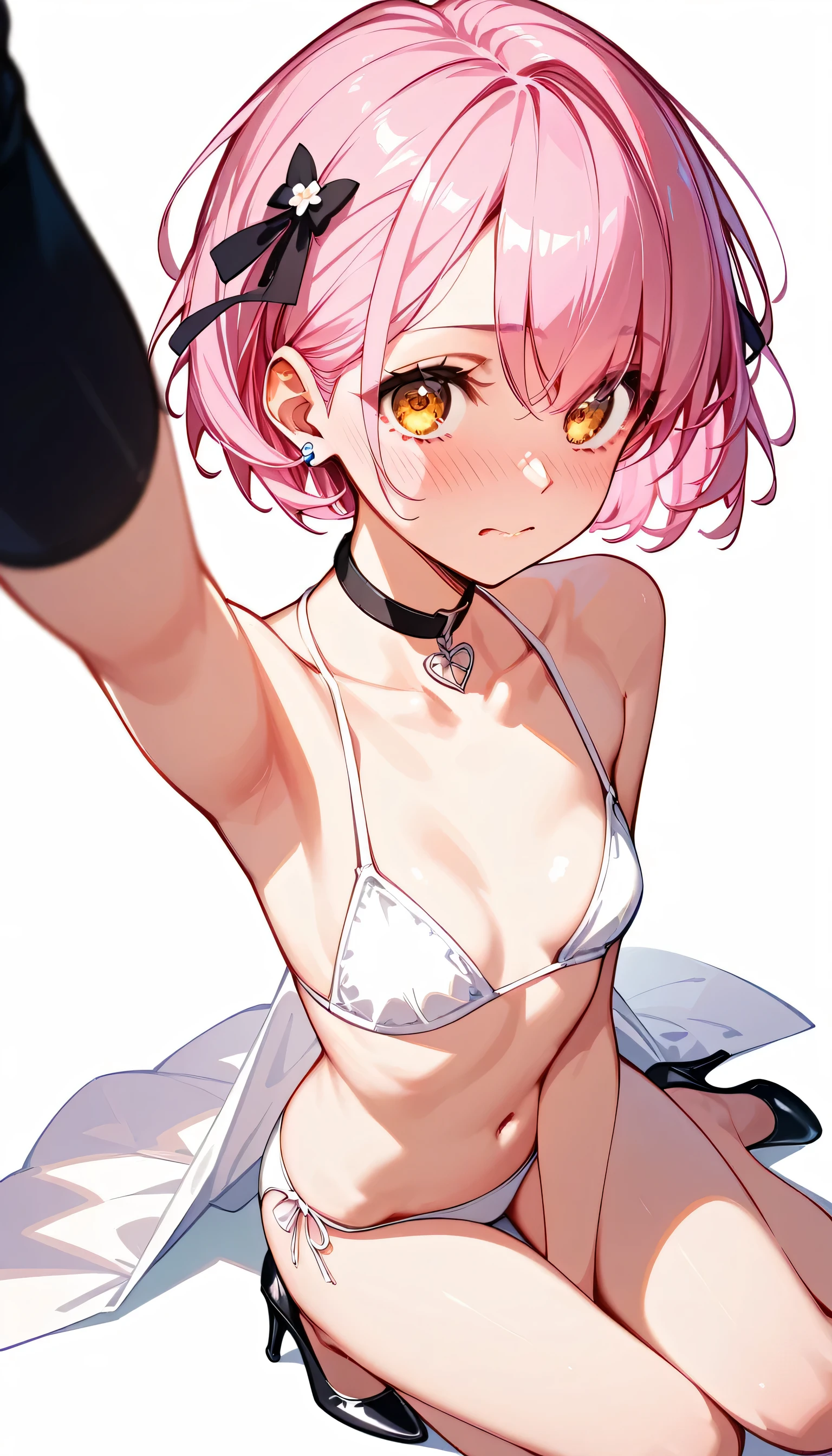  High image quality 、 high quality、 one girl playing pranks、 pink hair 、 short hair、 golden eyes、 small breasts、 cleavage、 fisheye lens that allows airplanes to fly、Shooting from above、 girl looking at camera 、 face up 、Looking up、Embarrassed expression、 High Heels 、 white bikini 、 choker with small black ribbon、 simple background