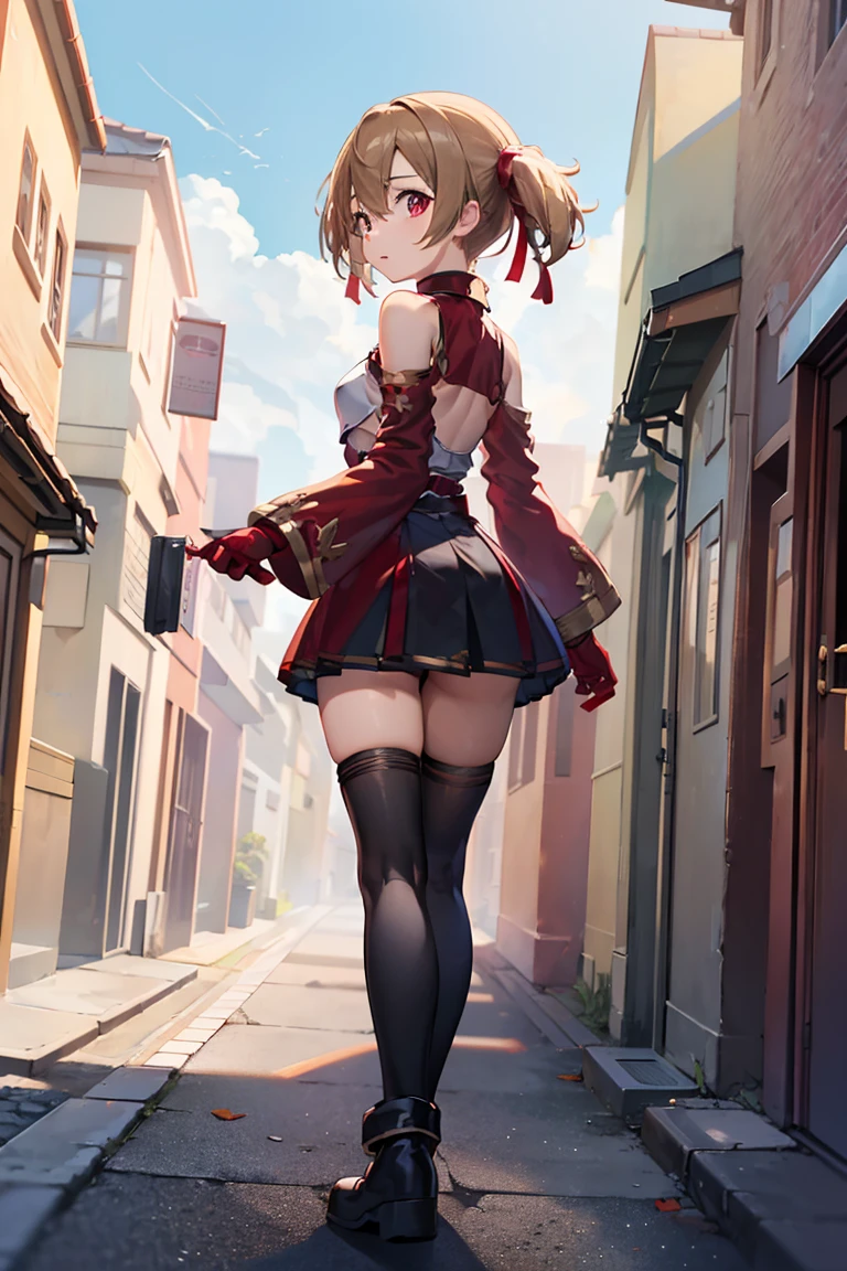 (((best quality,4k,from behind))),1girl,(((walking))),small breasts,red armored dress,bare shoulder,black skirt,black kneehighs,black ankle boots,clothed,blonde hair,short hair,red hair ribbon,short twintails,hair between eyes,street