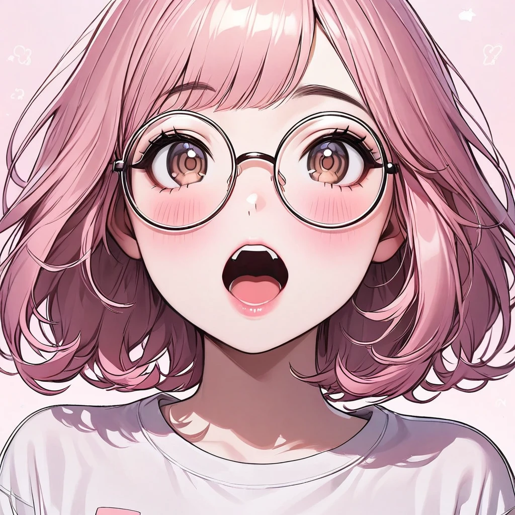 Tiny girl, pastel pink hair, soft brown eyes, beautiful, nerdy t-shirt, face close-up, lipgloss, brat, big round glasses, korean, wide mouth, submissive, looking up, pink cheeks, short hair, lip-fillers, curls, girly, pale skin, cute