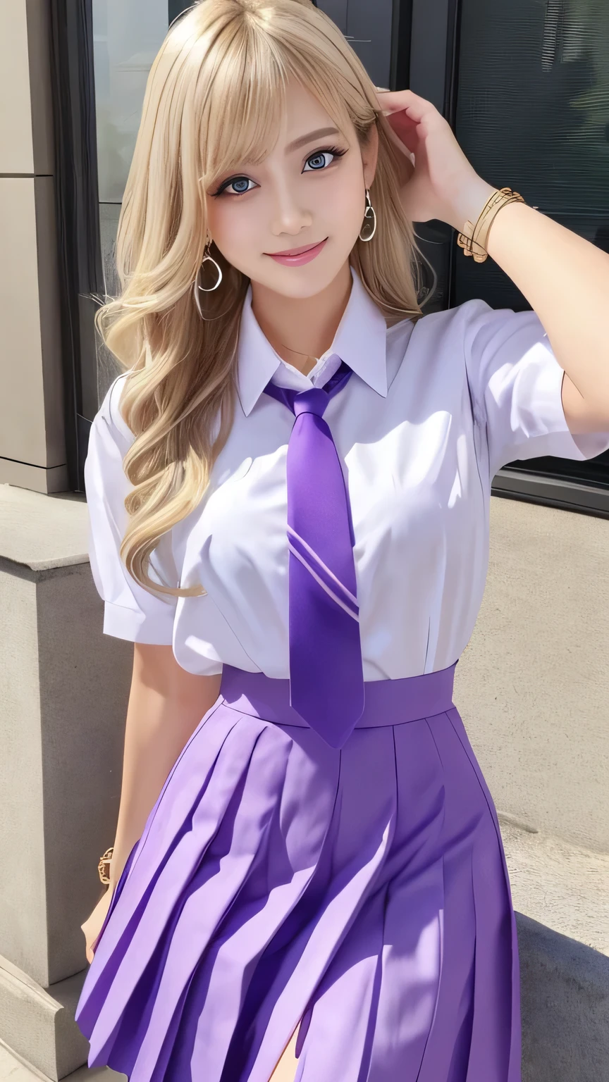 (masterpiece), Realistic, Pictures of beautiful women who are cute and stunning, Above the knee photo, Purple Eyes, Best Quality, One, bangs, black tie, (blonde:1.2), blue skirt, bracelet, collared shirt, dress shirt, ear Earrings, Eyebrows visible through hair, gradient hair , Grin, Improve, Jewelry , Long Hair, View your audience, loose tie, tie, Earrings, Check pattern, Check pattern skirt, pleated skirt, (Purple Eyes:1.2), ring, , shirt, skirt, smile, Alone, white shirt, accessories, Majestic, Coiled, Surrounding Area, scene, Get noticed, title, stylish, Impressive, Modern, tendency, concentrate, fashion, (Several sexy poses:1.3)
