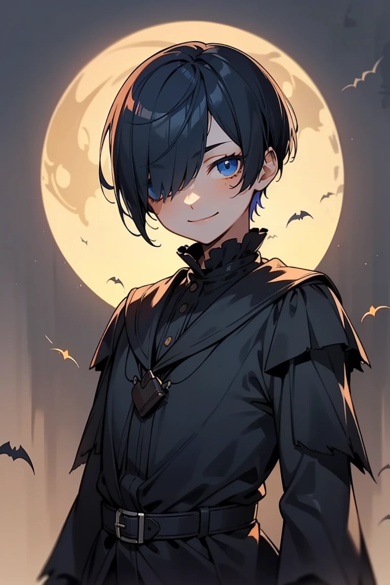   boy 、   asymmetrical bangs  、Bangs covering the right eye、Side Short Hair、  dark blue short hair  、  dark blue hair、 Looking up with the naked eye  、Mens Wear Halloween Costumes ( Bloodborne Hunter Black Orange and Purple Hunter Outfits)、Dark blue eyes、  dark blue hairHair over right eye、  mischievous smile  、、Front View、 Halloween Backdrop 