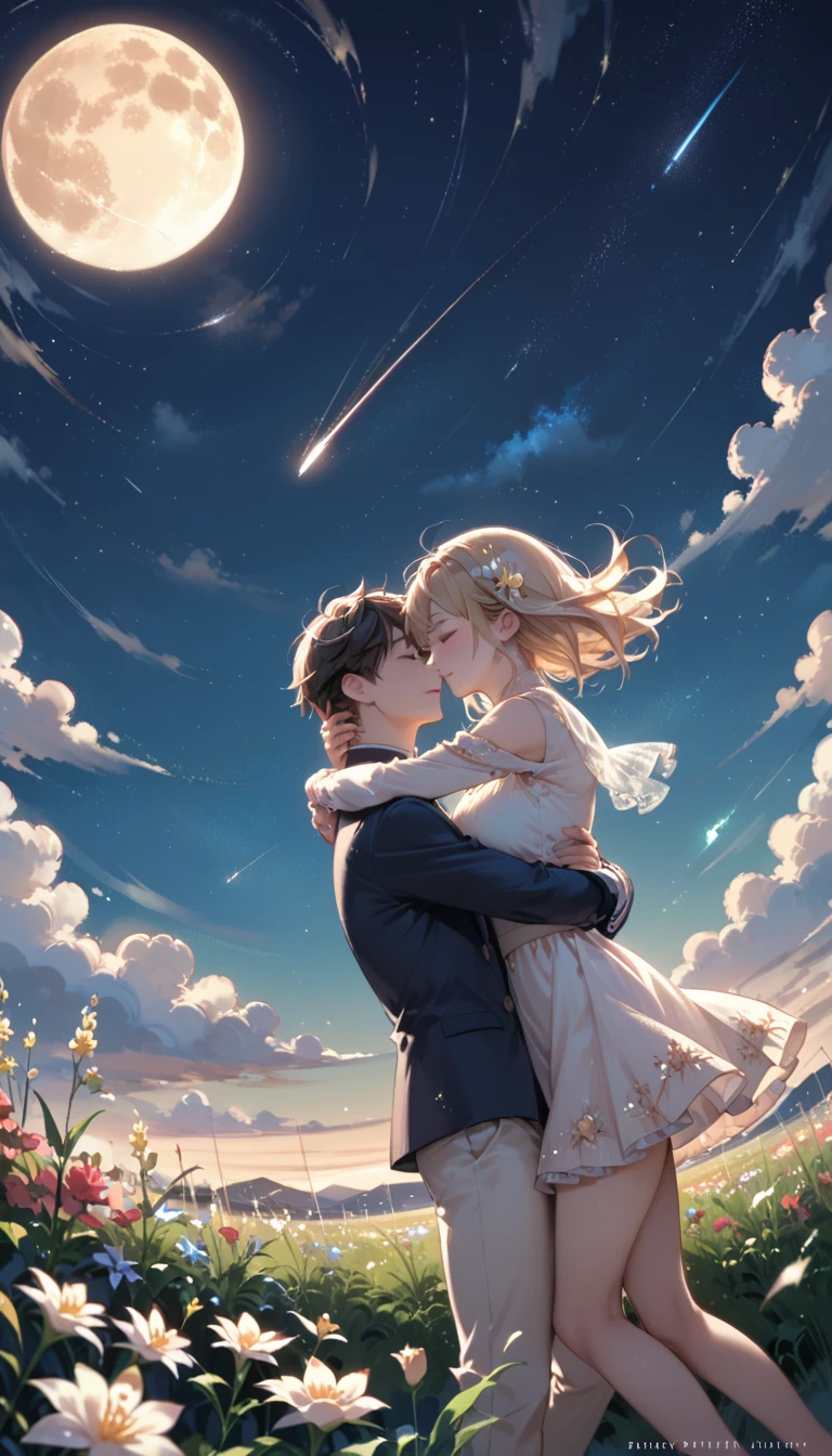 score_9, score_8_up, score_7_up, score_6_up, masterpiece, high quality, high resolution, flower, night sky, dutch angle, wide shot, wind, shooting star, full moon, girl, boy, hug,