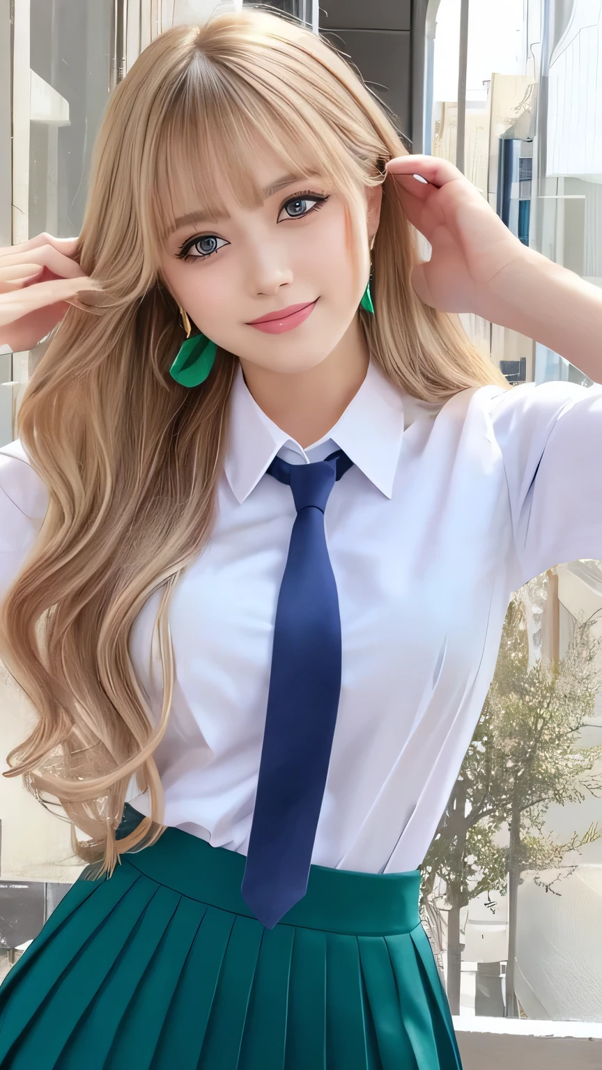 (masterpiece), Realistic, Pictures of beautiful women who are cute and stunning, Above the knee photo, Purple Eyes, Best Quality, One, bangs, black tie, (blonde:1.2), blue skirt, bracelet, collared shirt, dress shirt, ear Earrings, Eyebrows visible through hair, gradient hair , Grin, Improve, Jewelry , Long Hair, View your audience, loose tie, tie, Earrings, Check pattern, Check pattern skirt, pleated skirt, (Green Eyes:1.2), ring, , shirt, skirt, smile, Alone, white shirt, accessories, Majestic, Coiled, Surrounding Area, scene, Get noticed, title, stylish, Impressive, Modern, tendency, concentrate, fashion, (Several sexy poses:1.3)