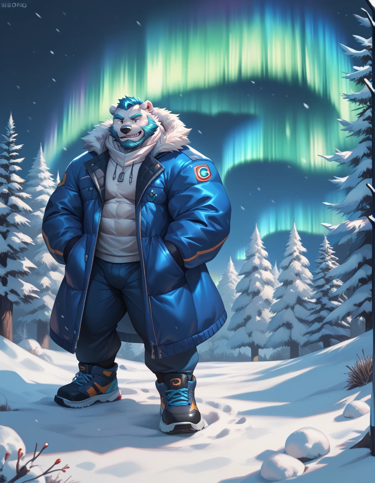 lindong, semirealistic:1.3, snow, Atlantic, night, aurora borealis, furry polar bear, jacket, muscular, mass, old, blue beard