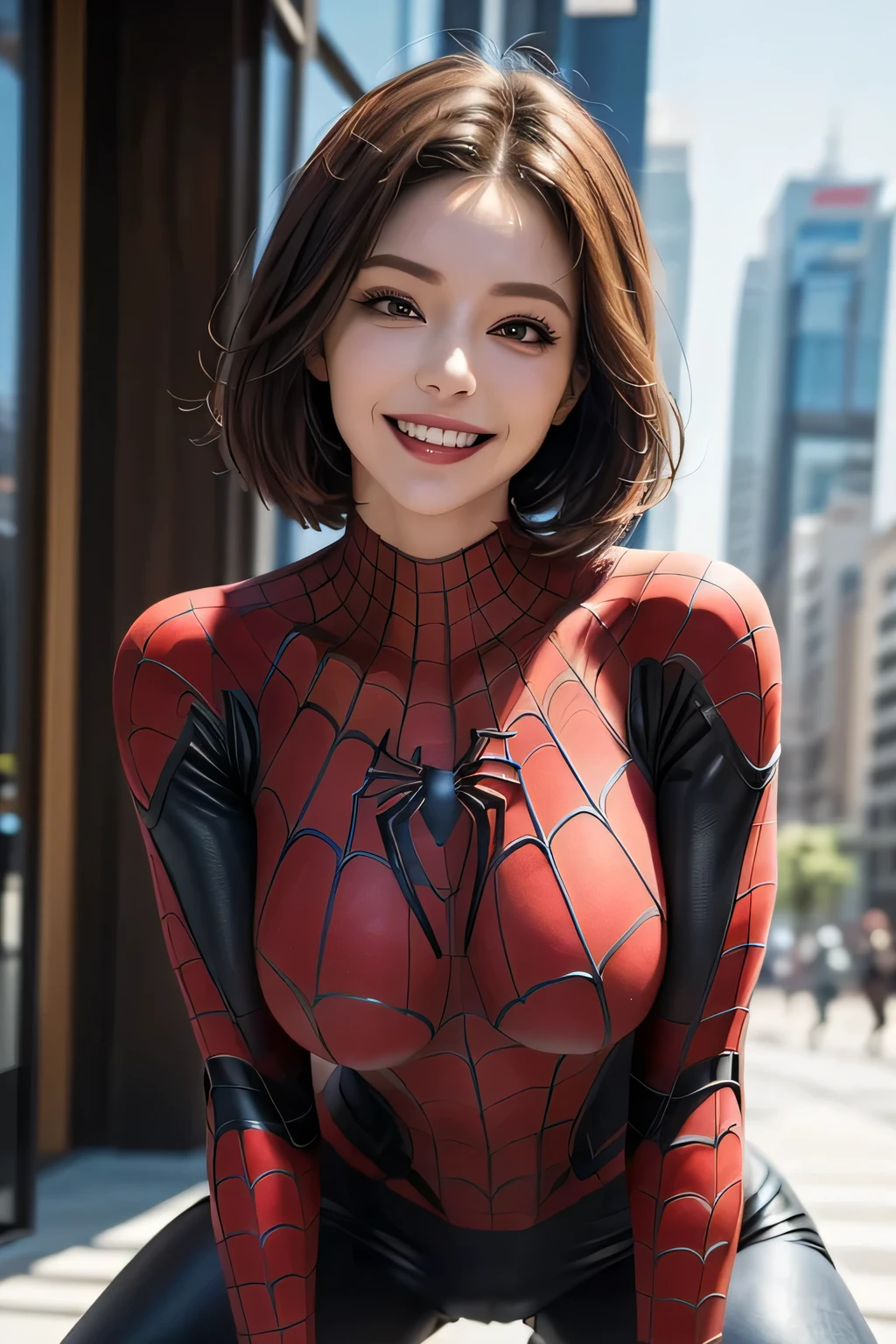 (  A full-sleeve Spider-Man costume with great detail that covers the entire body), 1. Beautiful Women,  double eyelids ,   long eyelashes , Grin, ((Big Breasts)), Waist, Squat,  sexy, High Quality Rendering, (background: Skyscraper district),  vivid color style,  Dramatic Writing ,  (Movie costumes), (masterpiece, Best Quality, super detailed, Realistic)