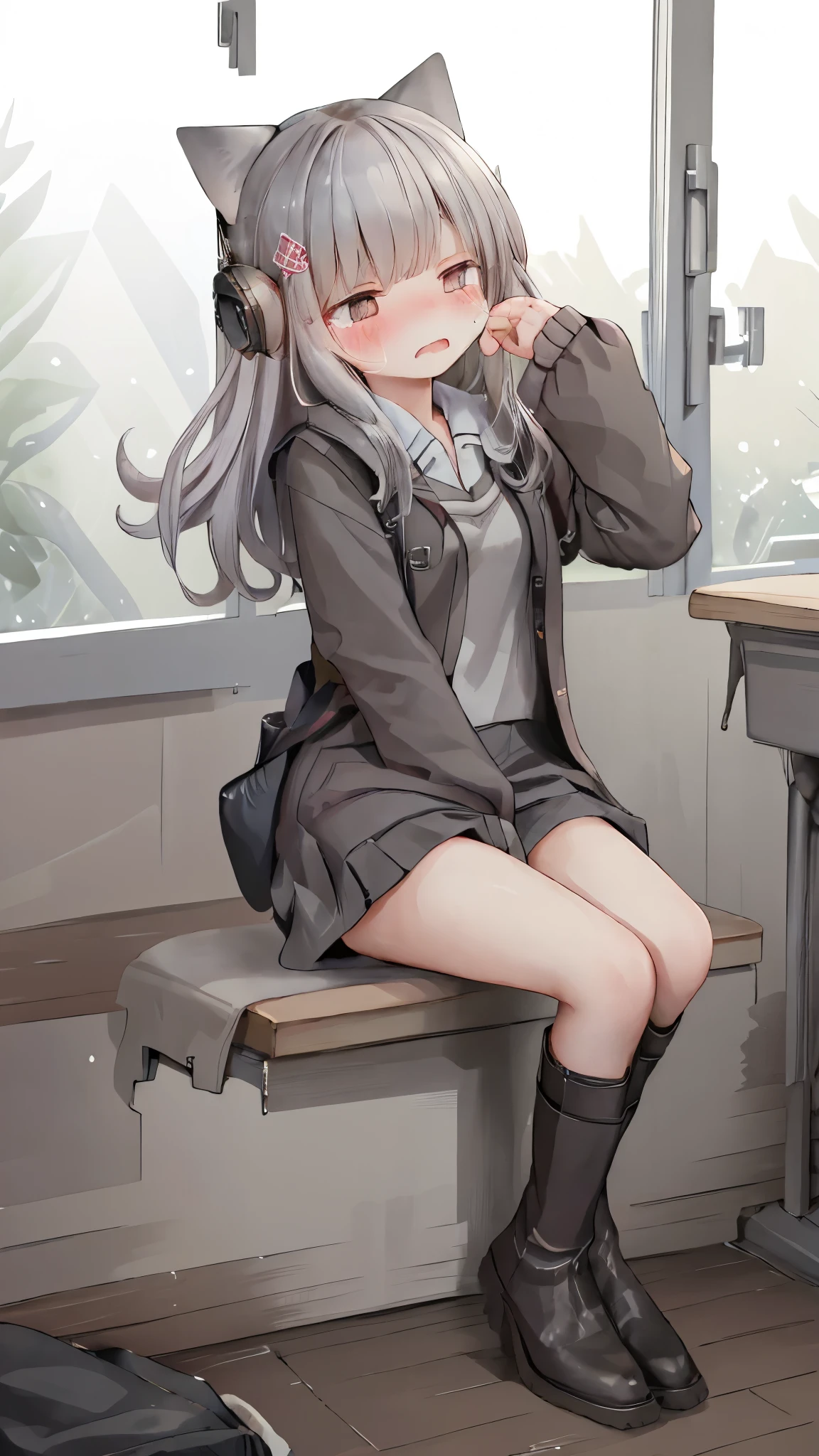 ，Shy，blush，，  black boots ，classroom场景，For the audience，，，blush害羞，classroom scene，girl，，((absurd)), ((On the table)), ( best quality ), ( Lens Flare), (  super detailed ), (Fair), ((cute girl)), solitary, Fair face, White skin, On the table, (: 1.3), , 、A girl goes to the toilet、 eternal, cry,  Close Your Eyes ,  tears streaming out of her eyes , The embarrassment comes from, blush), (girl is peeing: 1.2),, Look away, sit, Awkward, blush, Mouth slightly open, classroom (girl leaking urine): 1.5),cat girl，cat，Tail