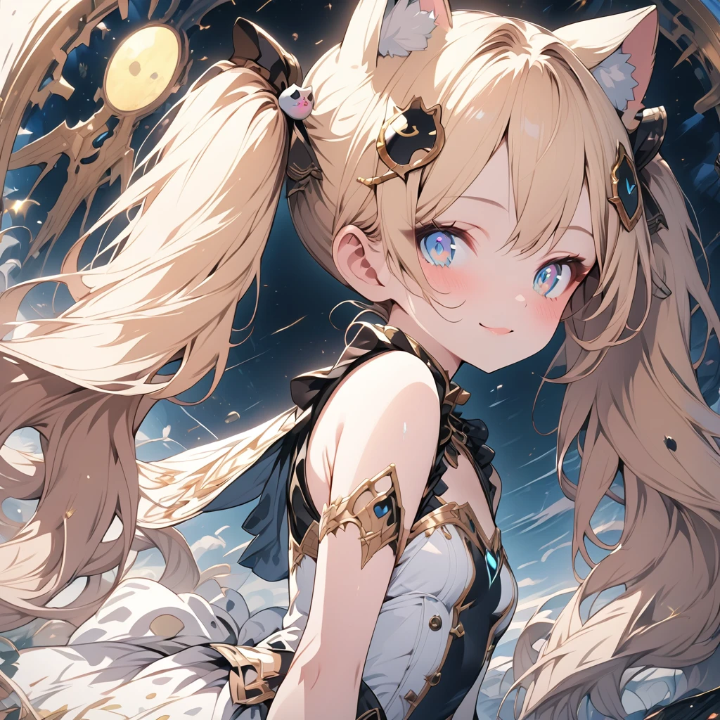 Absurd,anime,Detailed and beautiful eyes,(art),(artistic clothing:1.5),Cat costume,HEART,ATフィールド,sleeveless,Blonde, twin tails,smile,(a girl:1.5),from the waist up,(small breasts:1.2),(small chest:1.2),mysterious,Hello,(Large detailed hair ornament:1.2),(look away:1.5),detailed clothes,Flashy Moves,Mechanical,masterpiece, moe kawaii,abyss,luster,lame,(ultra detailed:1.2), ((highest quality)) ,Extremely Delicately Beautiful ,64k