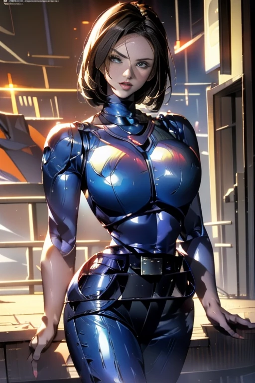 ( Best Quality ), (Blue Mary), (Overall view)  Hua Gai with a cool and charming face  ,RoboCop Armor  , Robocop helmet ,    beautiful and sexy young woman , 18 years old,    toned and muscular  ,  With a cool and handsome face  , SharpEye, Big Breasts